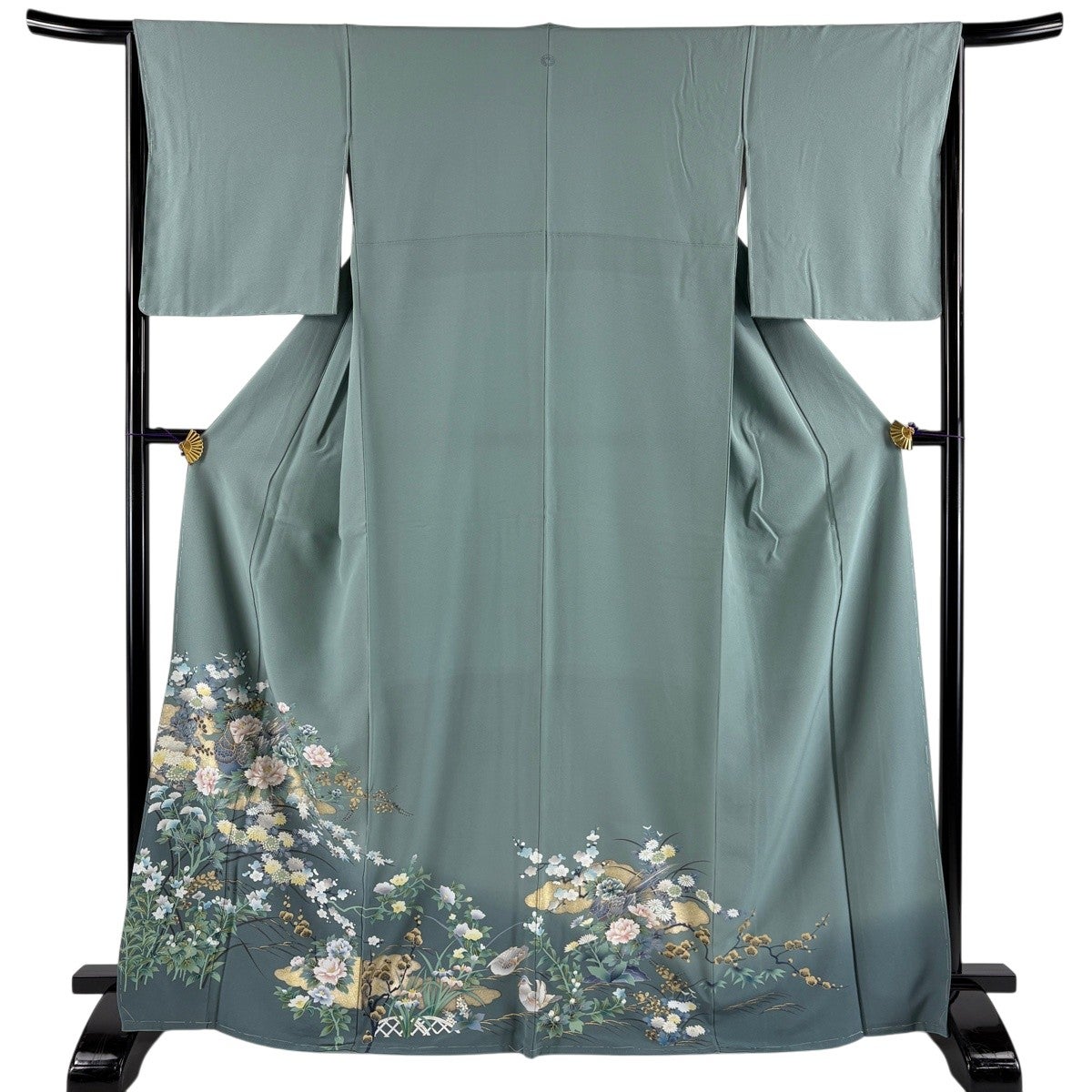 色留袖 身丈167cm 裄丈65cm M 袷 鳥 草花 金糸 金彩 灰緑 正絹 秀品 一