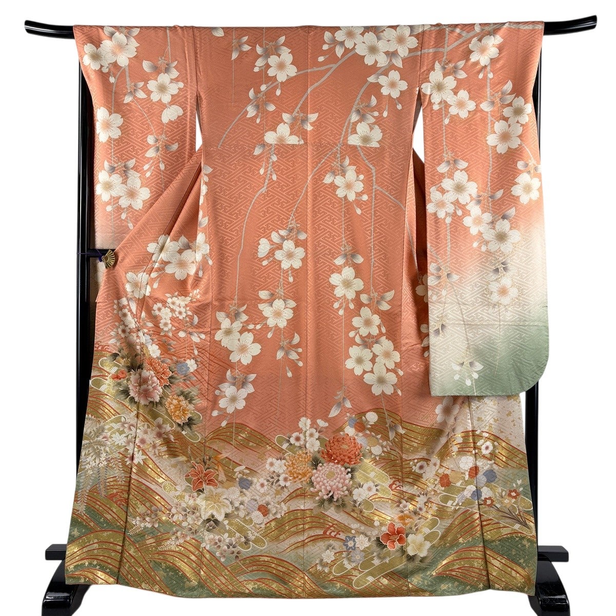 振袖 身丈169cm 裄丈67.5cm L 袷 牡丹 波 金糸 金彩 サーモンピンク
