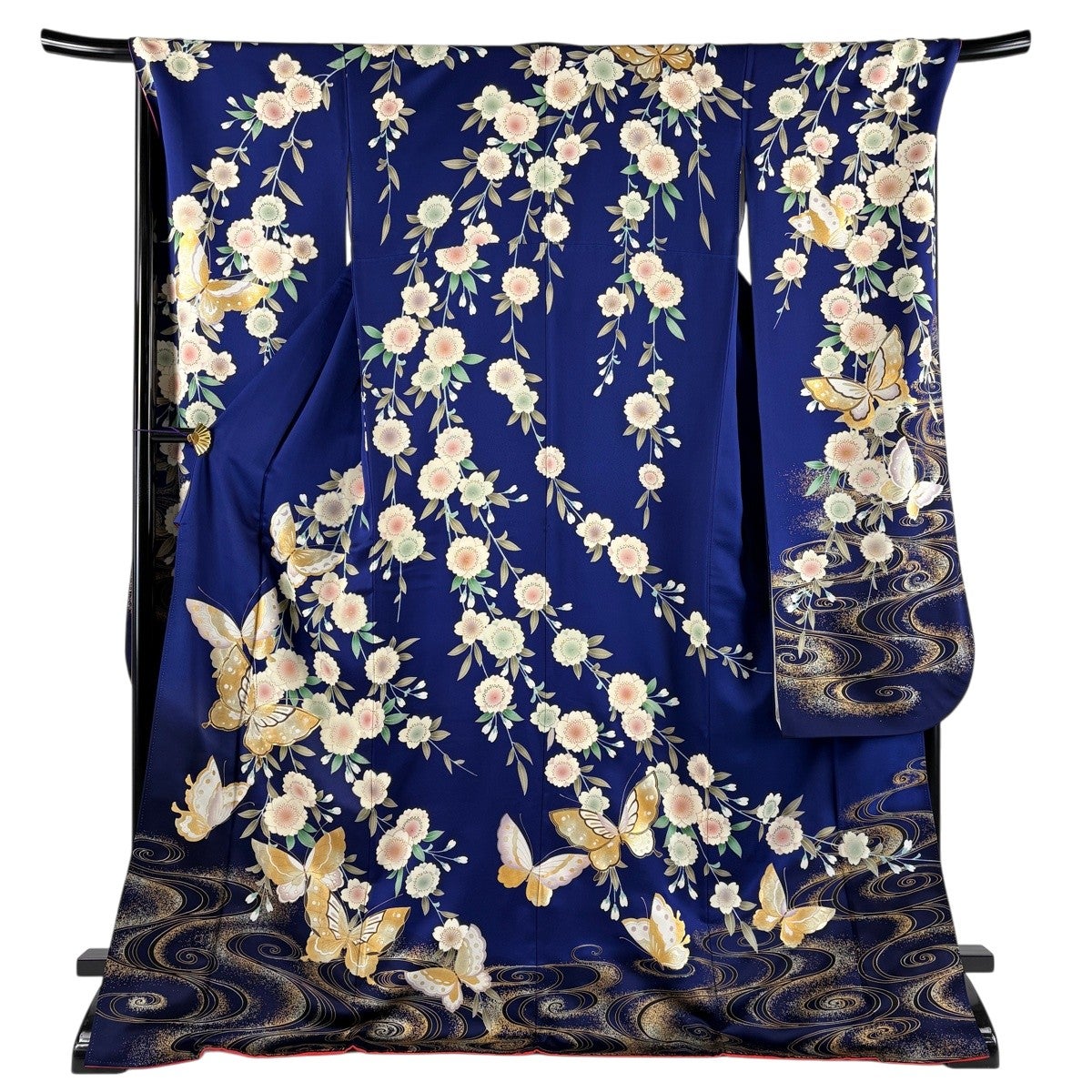 なりざごんな　美品 振袖 紺地 刺繍 花 蝶々 正絹　着丈167cm 振袖 身丈173cm 裄丈69cm L 袷 蝶 枝垂れ桜 金彩 金銀糸 紺色 正絹 秀