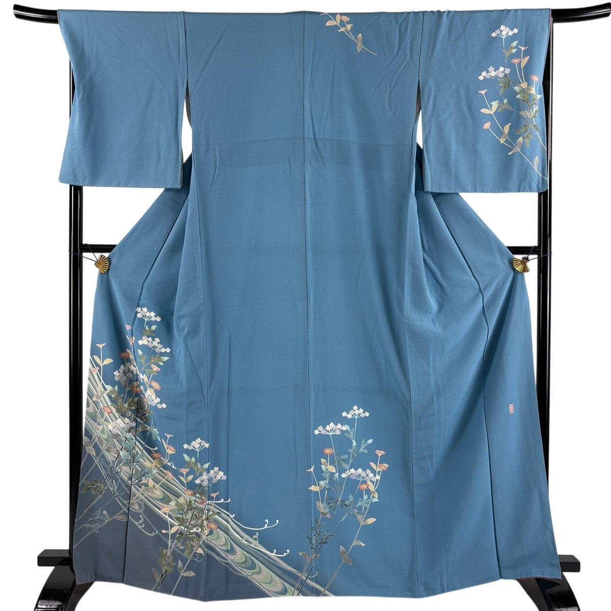 付下げ 身丈160cm 裄丈64cm M 袷 草花 ぼかし 水色 正絹 秀品｜中古