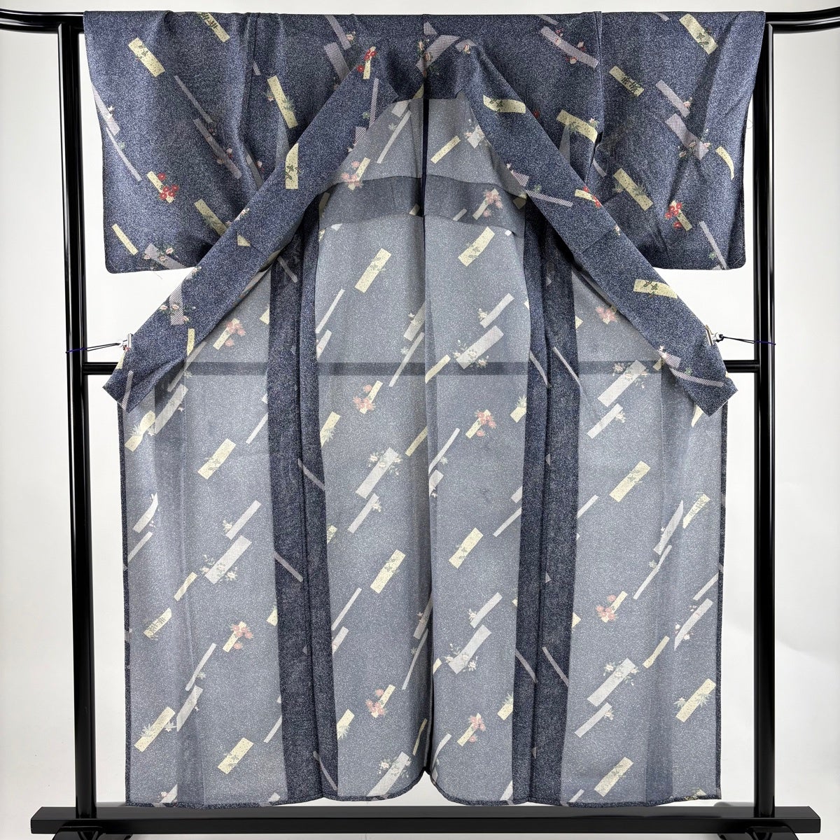 小紋 身丈156cm 裄丈65cm M 薄物 絽 短冊 草花 金彩 紺色 正絹 秀品