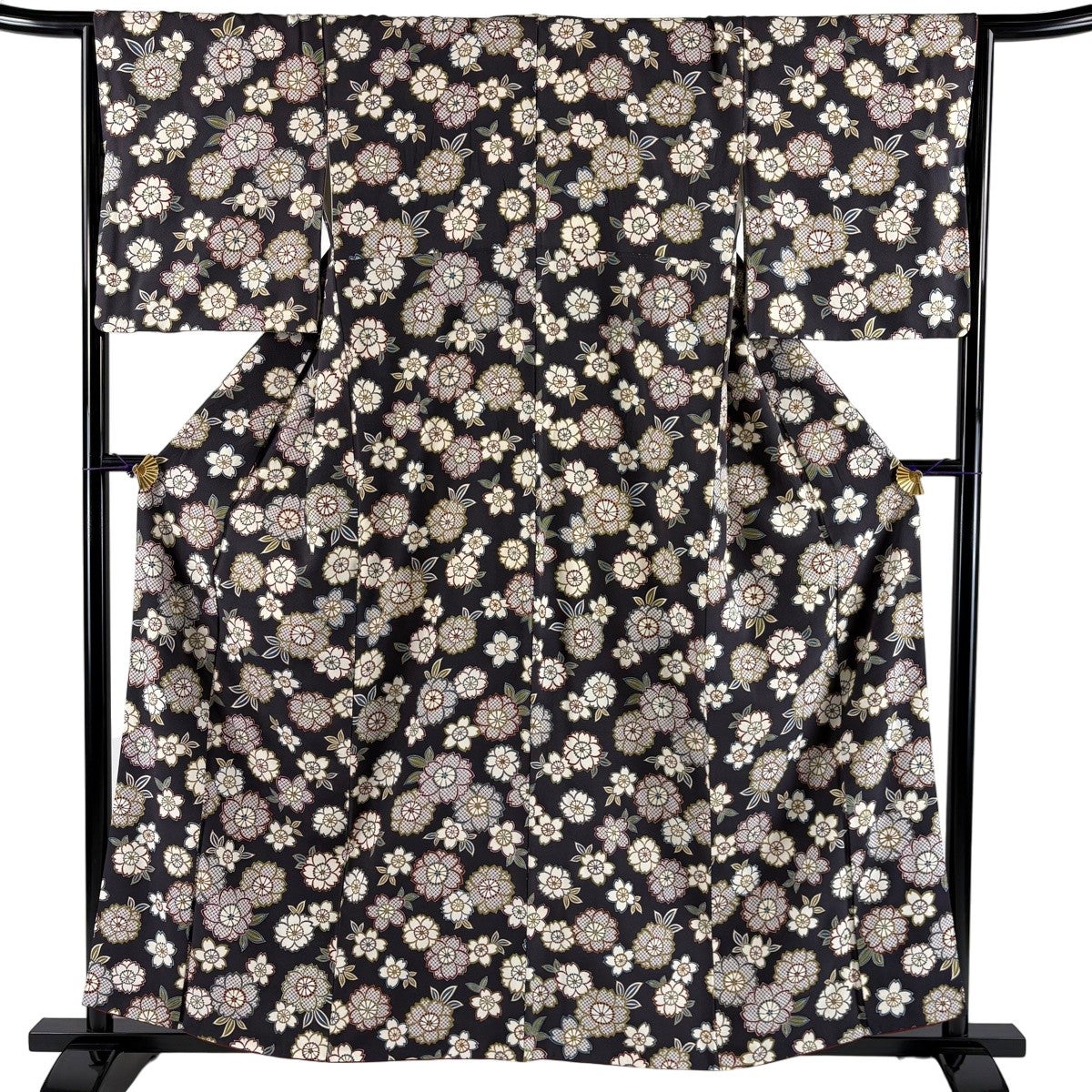 小紋 身丈158cm 裄丈66cm M 袷 桜 金彩 灰緑 正絹 秀品｜中古・古着