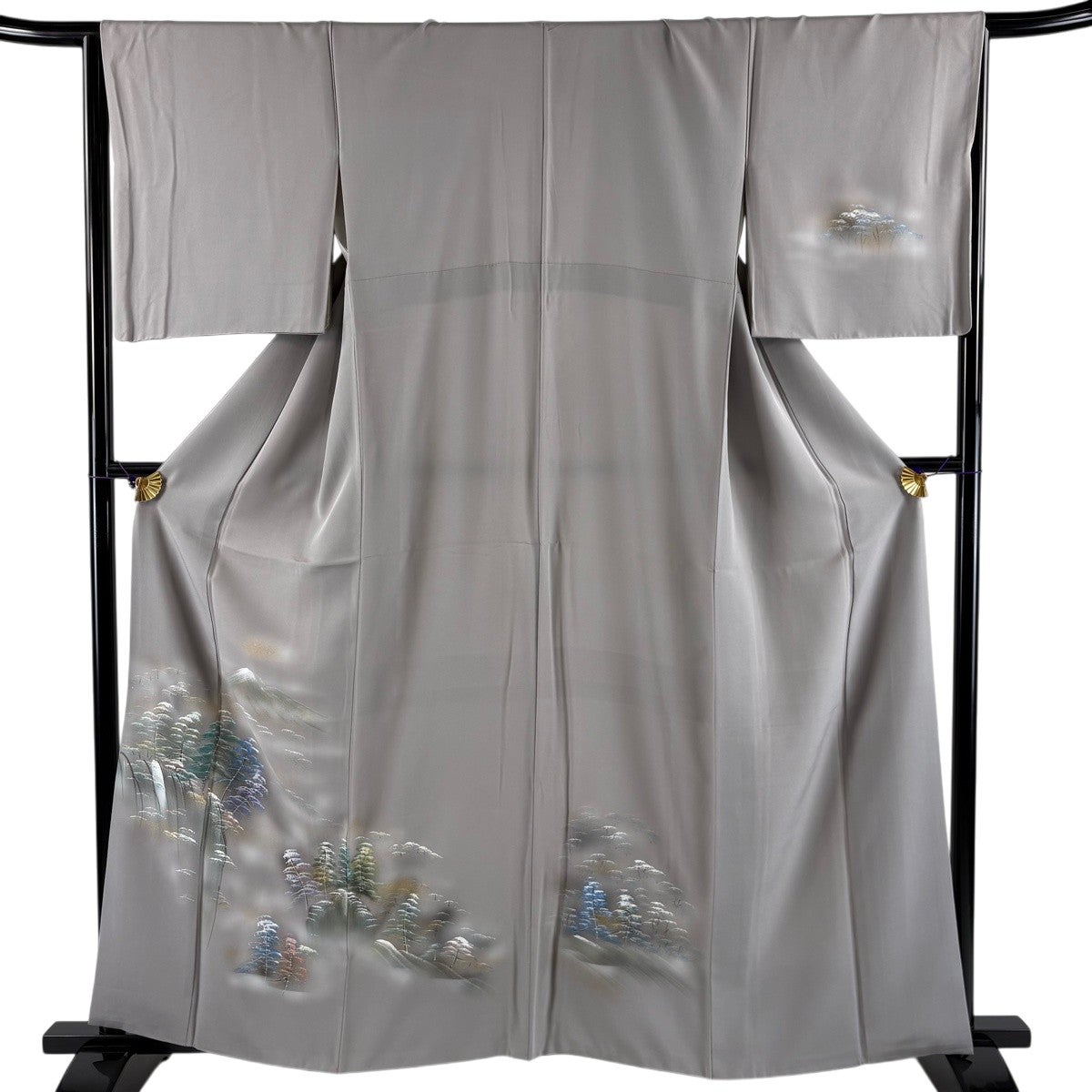 美品】 付下げ 身丈160cm 裄丈66cm M 袷 樹木 滝 金彩 ぼかし 灰色