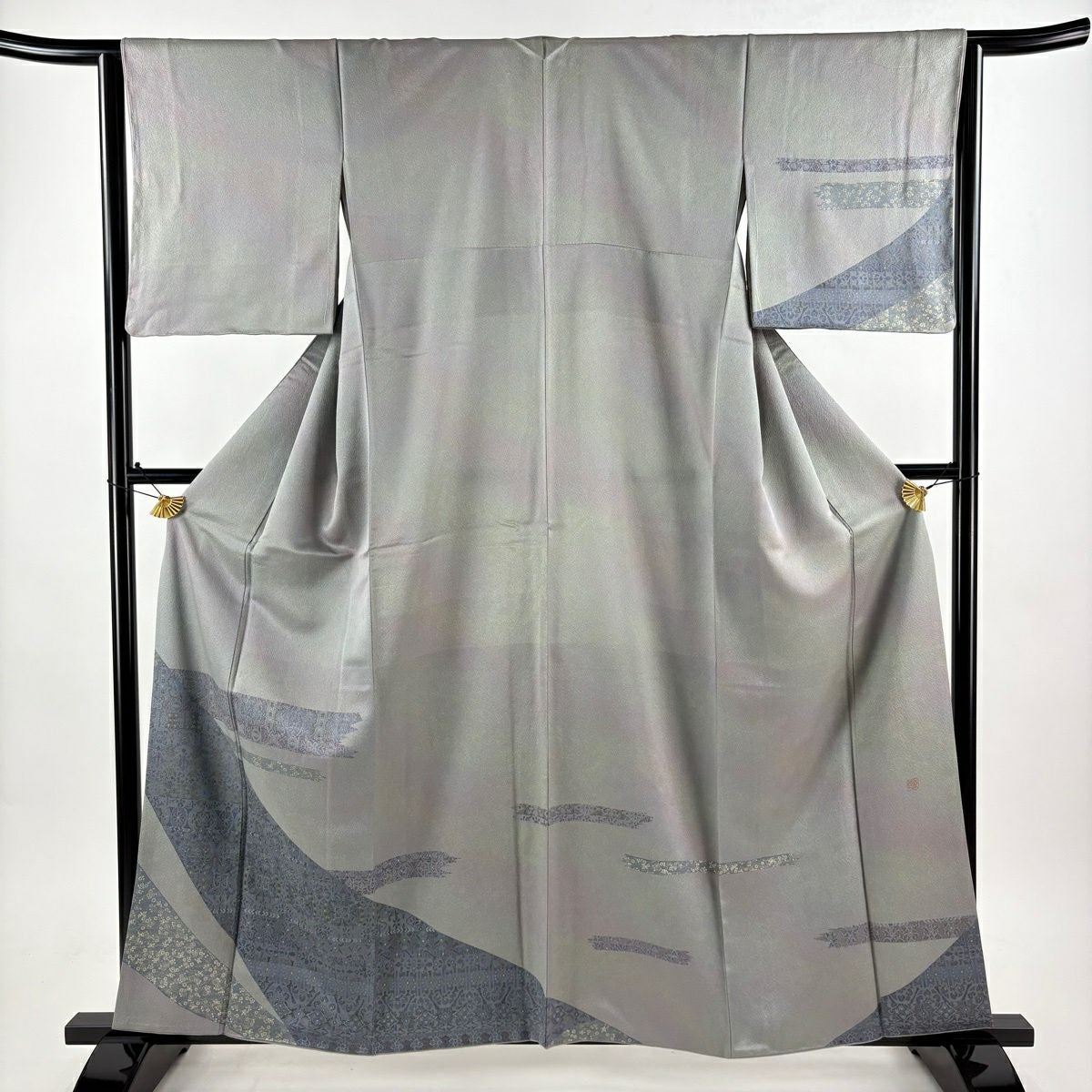 在庫一掃】 訪問着 身丈152.5cm 裄丈62cm S 袷 笹 竹 金彩 灰緑 正絹