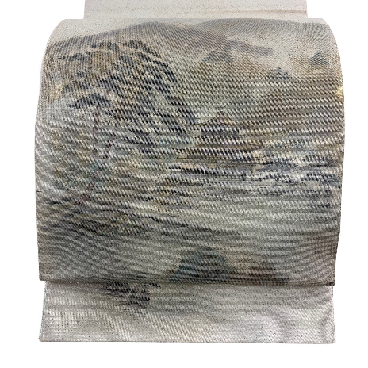 【美品】袋帯　螺鈿箔　風景　銀糸金糸　お太鼓柄 袋帯 秀品 落款あり 日本百景 金閣寺 金閣寺 風景 螺鈿箔 金銀彩