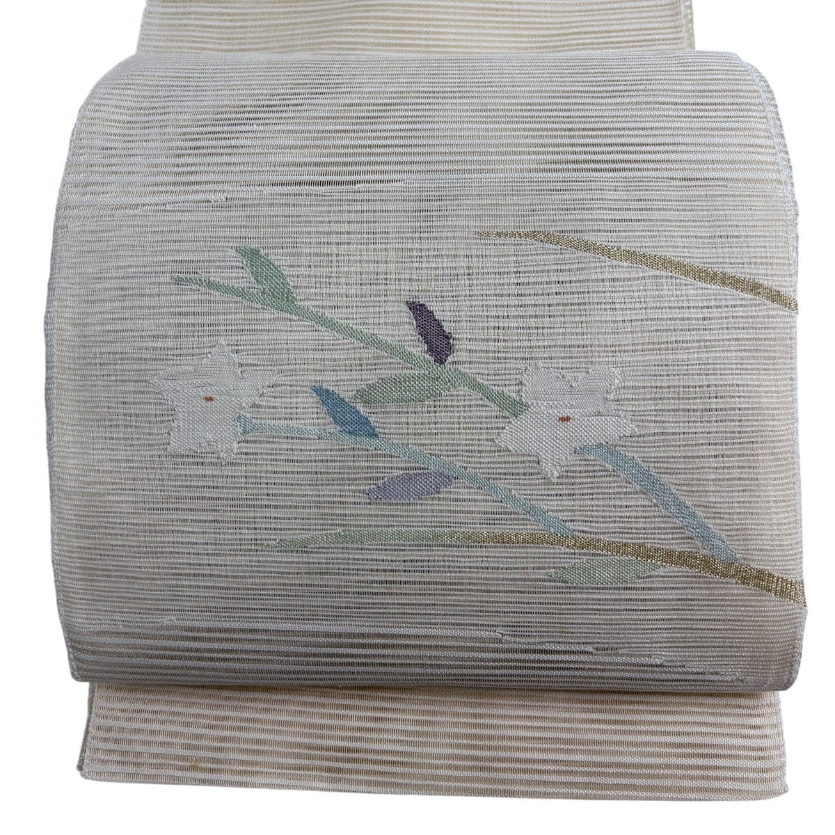 名古屋帯 秀品 夏帯 絽 八寸名古屋帯 草花 金糸 ベージュ 正絹｜中古