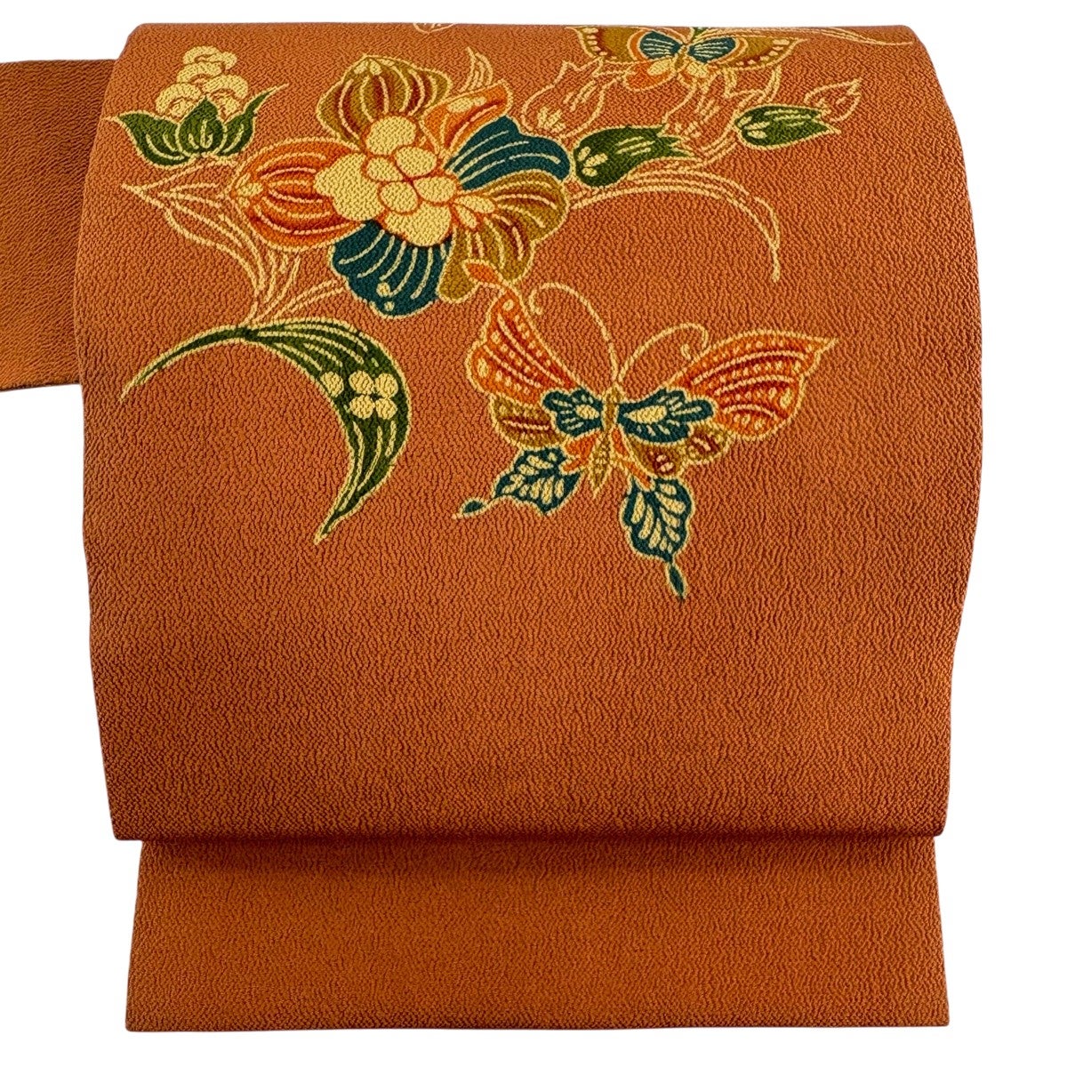 古い打ち掛け　オレンジ色 蝶と花刺繍飾り用 名古屋帯 秀品 蝶 草花 縮緬 オレンジ 正絹｜中古・古着・リサイクル