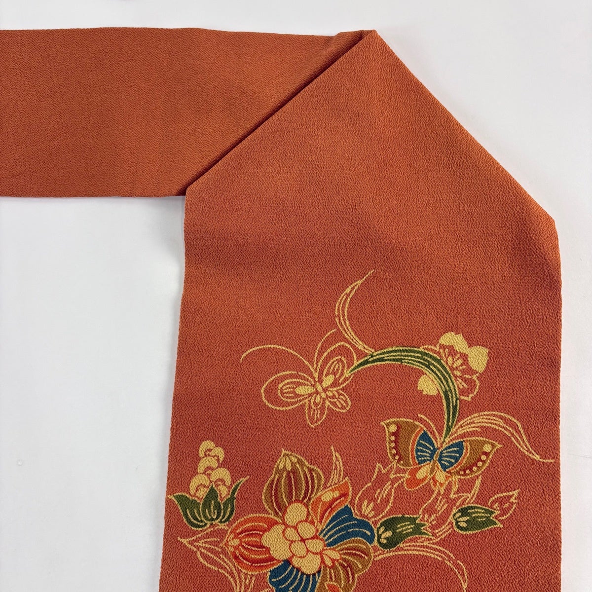 名古屋帯 秀品 蝶 草花 縮緬 オレンジ 正絹｜中古・古着・リサイクル
