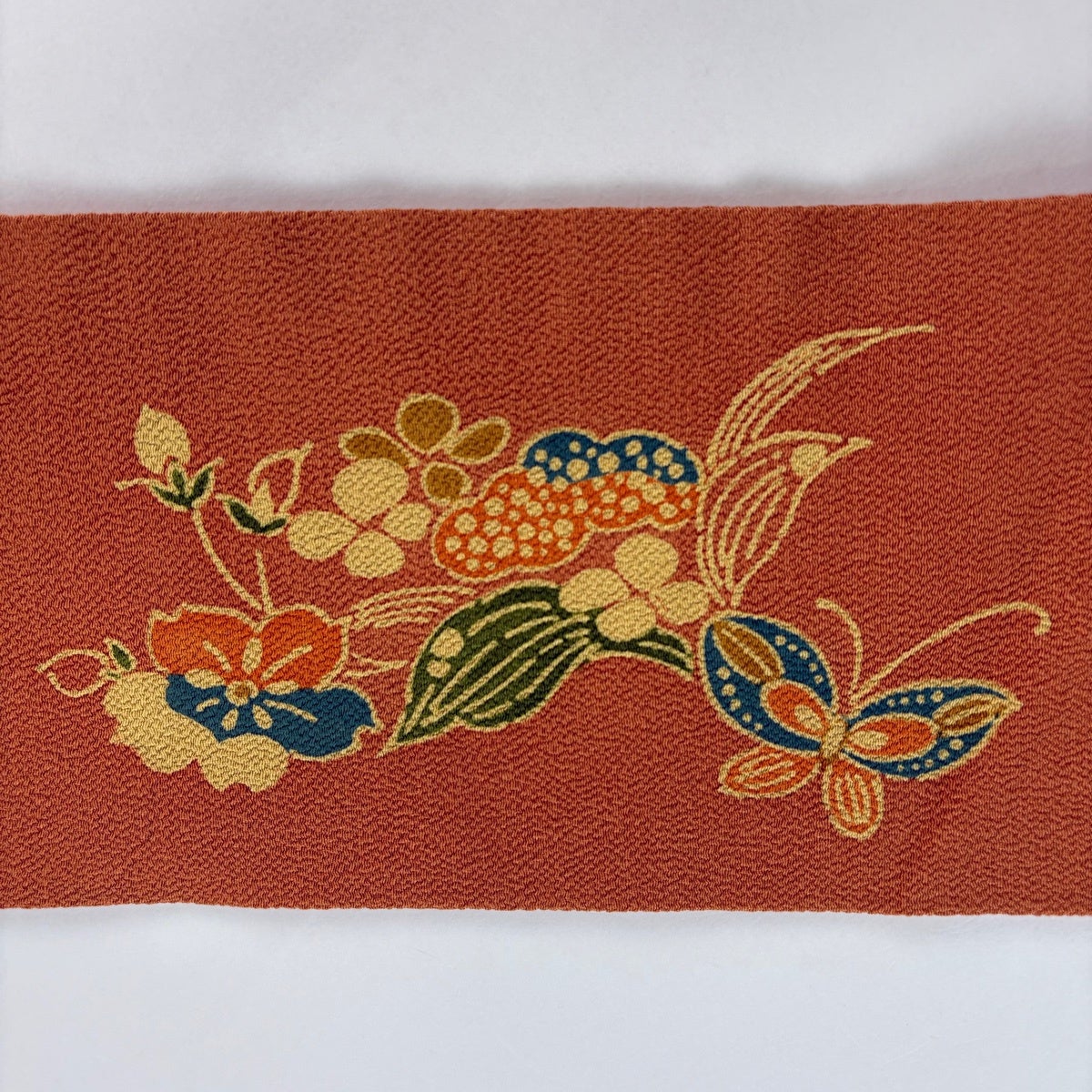 名古屋帯 秀品 蝶 草花 縮緬 オレンジ 正絹｜中古・古着・リサイクル