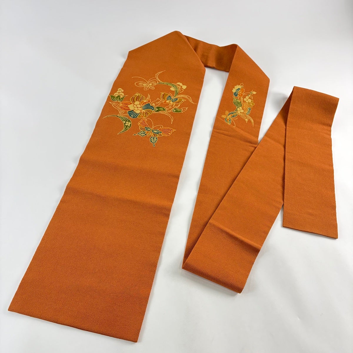 名古屋帯 秀品 蝶 草花 縮緬 オレンジ 正絹｜中古・古着・リサイクル