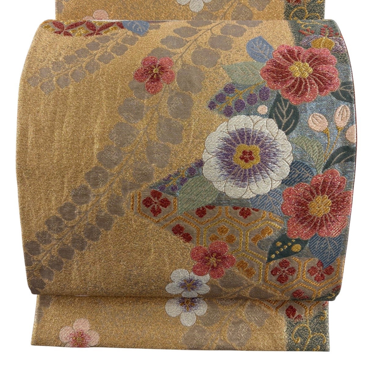 袋帯 秀品 亀甲 草花 金銀糸 箔 クリーム 六通 正絹｜中古・古着