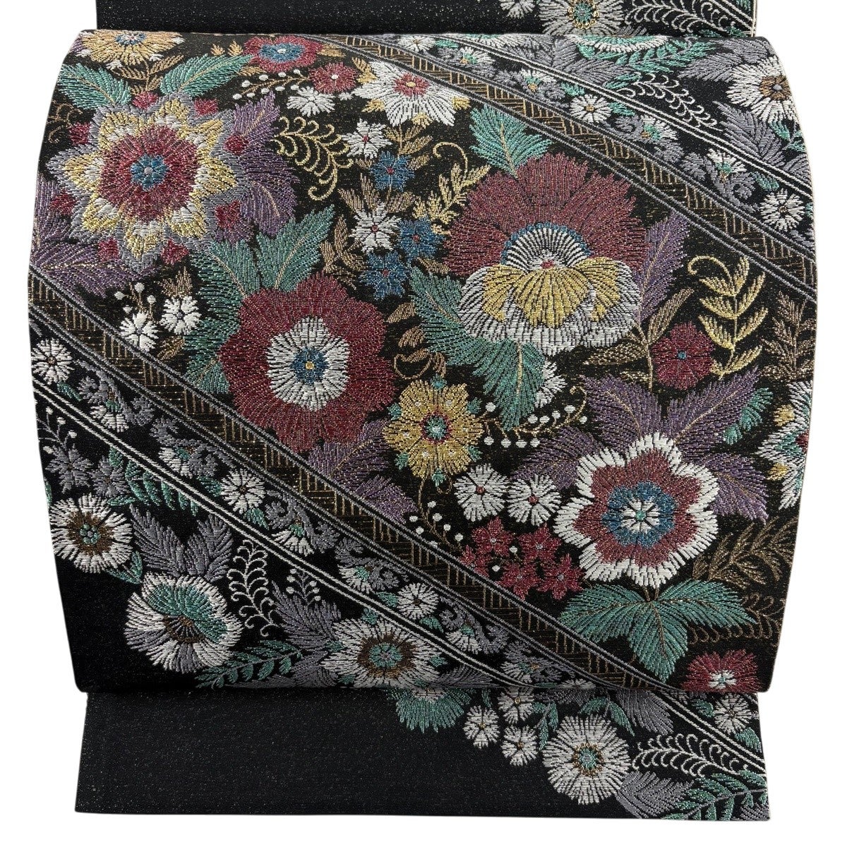 袋帯 秀品 鈴乃屋 草花 斜縞 箔 銀糸 墨色 六通 正絹｜中古・古着