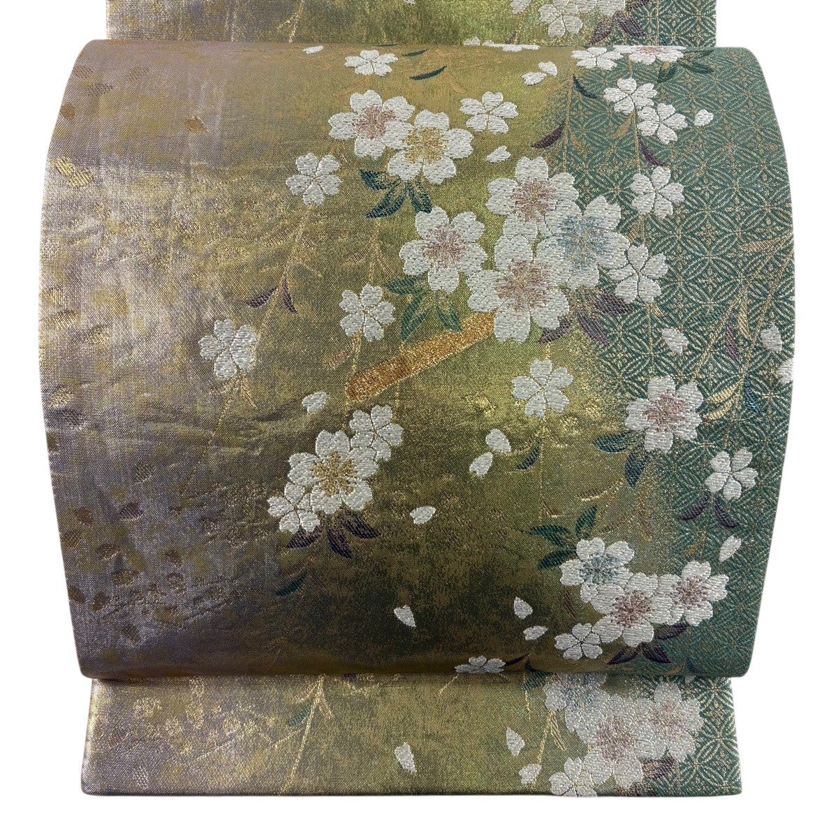 袋帯 秀品 枝垂れ桜 七宝 箔 唐織 黄緑色 六通 正絹｜中古・古着