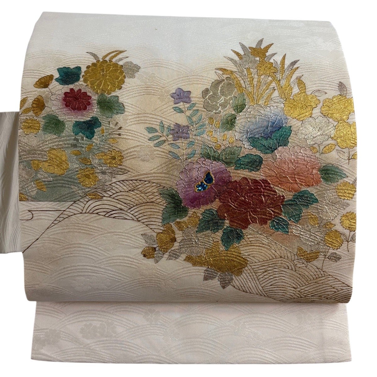 名古屋帯 秀品 牡丹 菊 螺鈿 金銀彩 ベージュ 正絹｜中古・古着