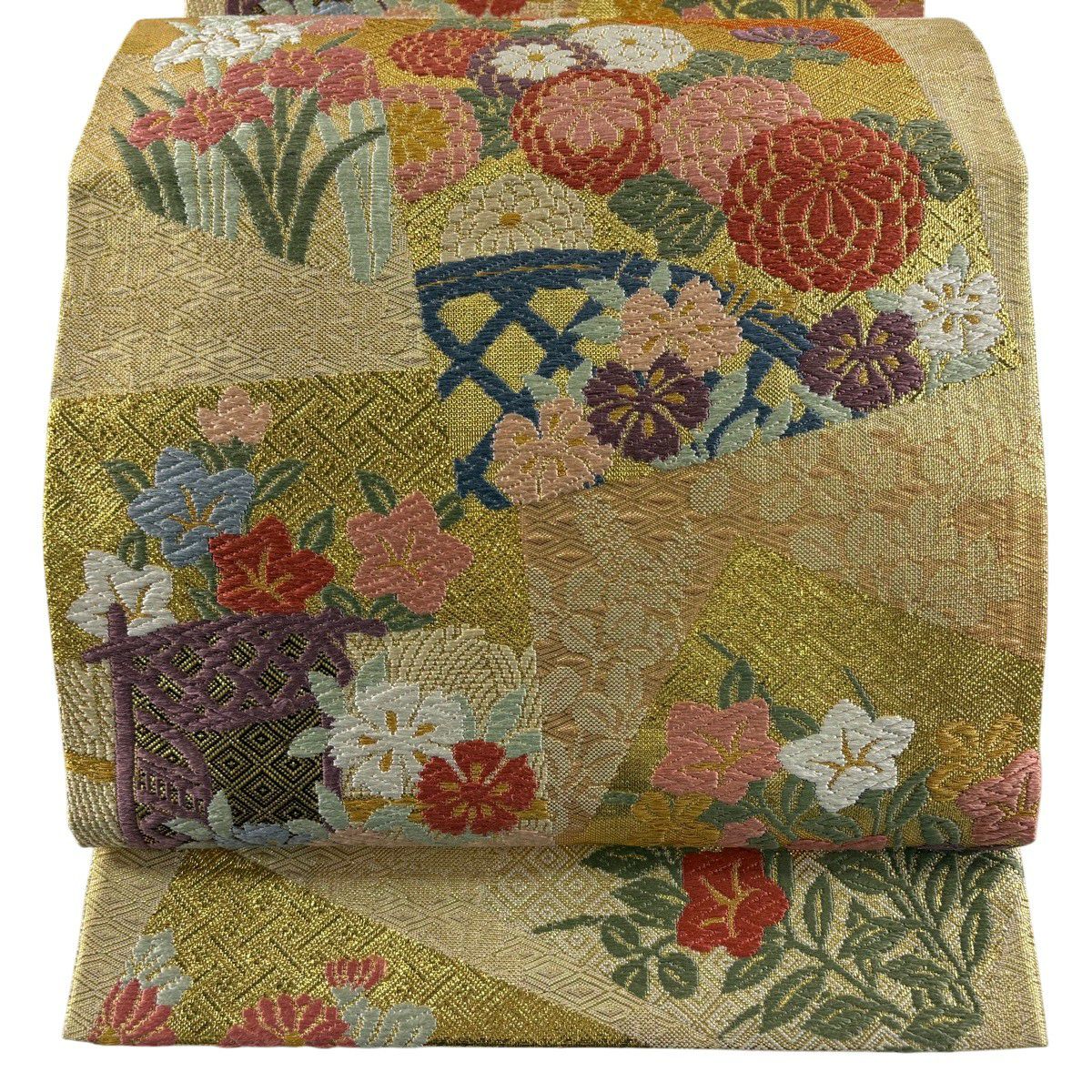 袋帯 秀品 格天井 草花 箔 金糸 青灰色 正絹｜中古・古着・リサイクル