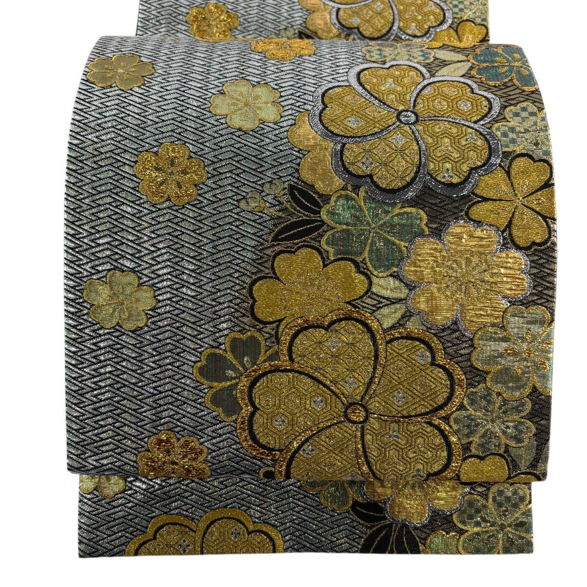 美品】 袋帯 秀品 菊 幾何学 金糸 箔 黄土色 六通 正絹｜中古・古着