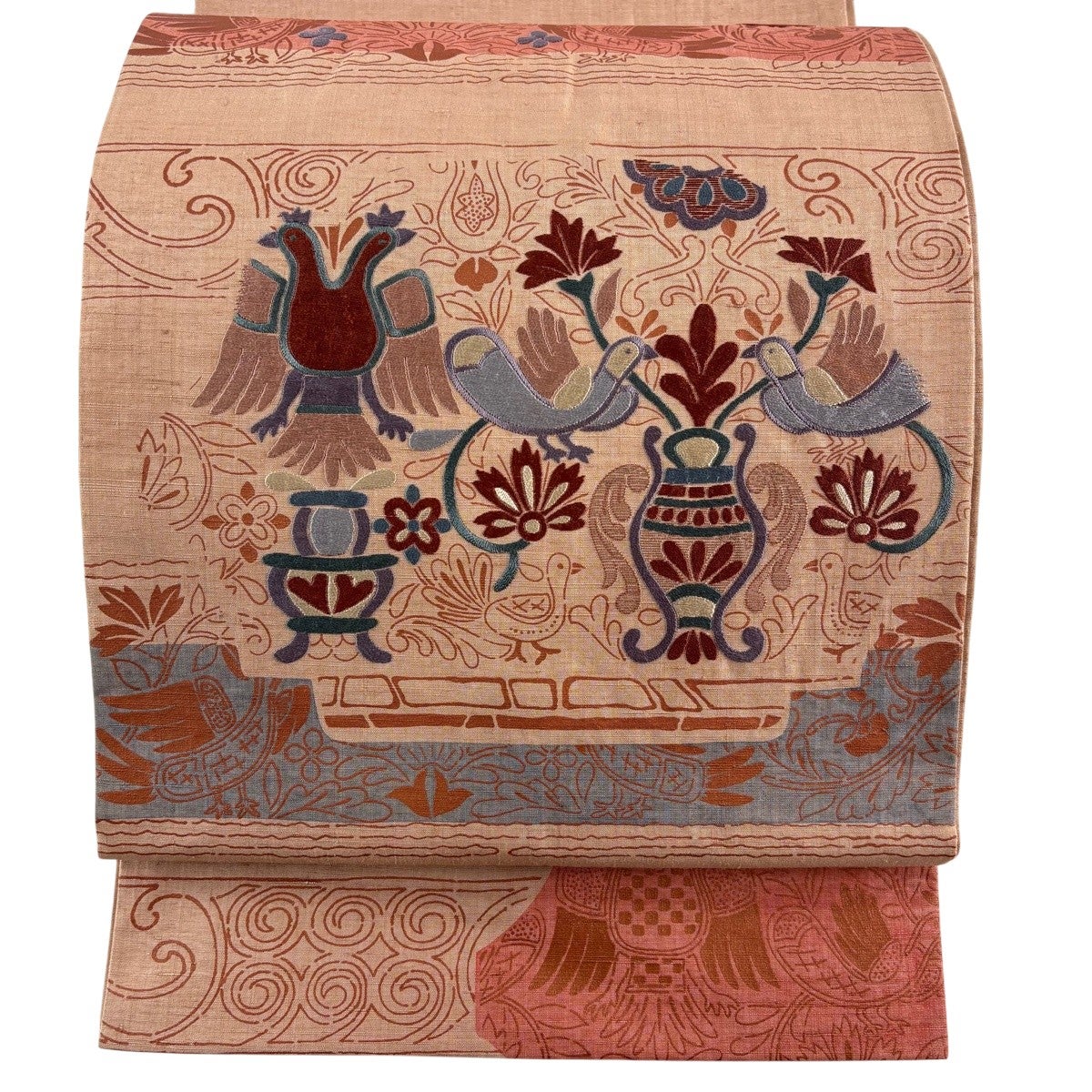 袋帯 秀品 鳥 草花 ししゅ 金彩 ピンクベージュ お太鼓柄 正絹｜中古
