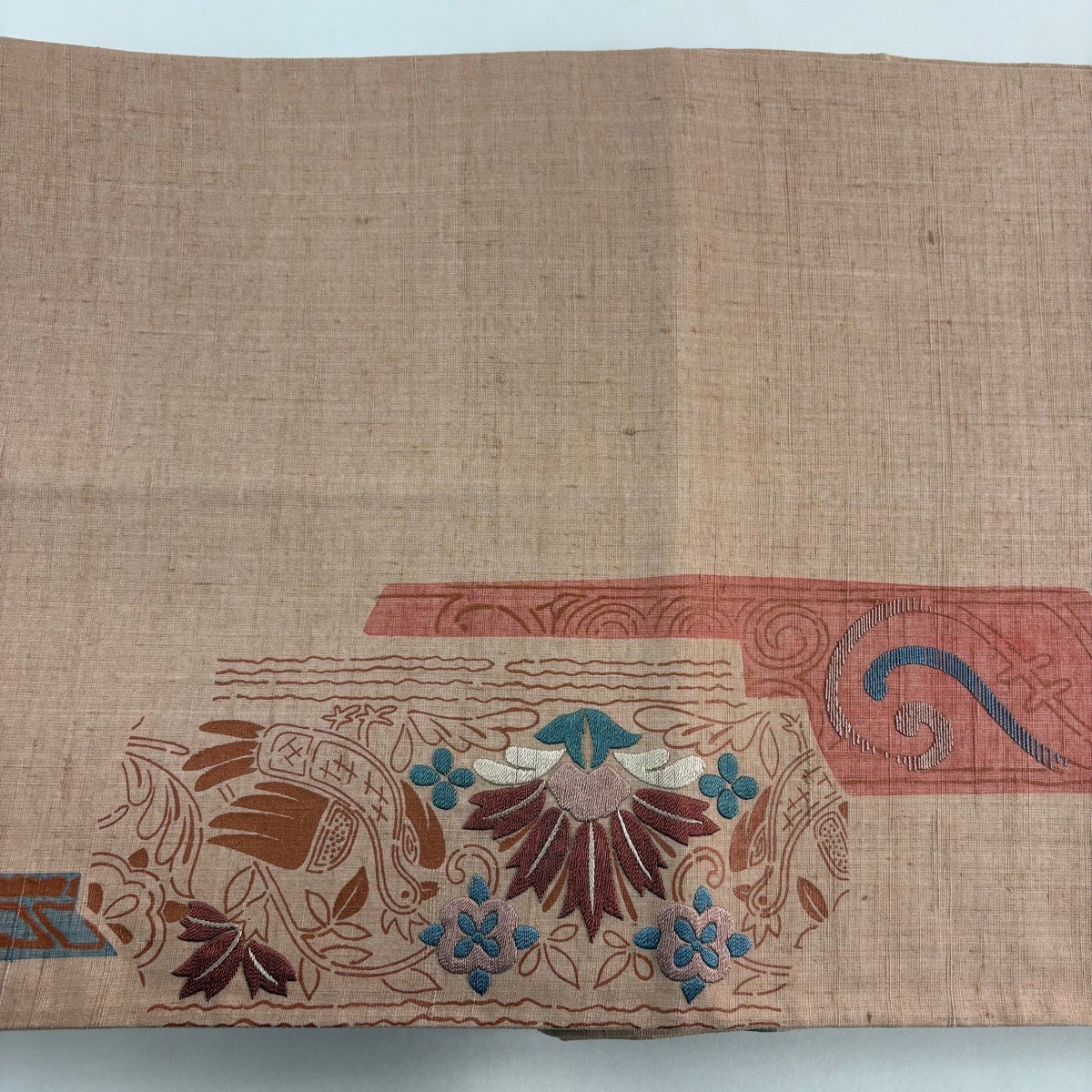 袋帯 秀品 鳥 草花 ししゅ 金彩 ピンクベージュ お太鼓柄 正絹｜中古