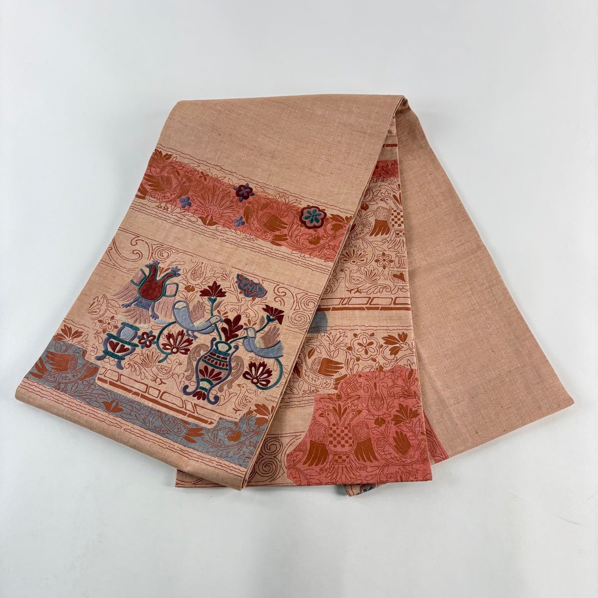 袋帯 秀品 鳥 草花 ししゅ 金彩 ピンクベージュ お太鼓柄 正絹｜中古