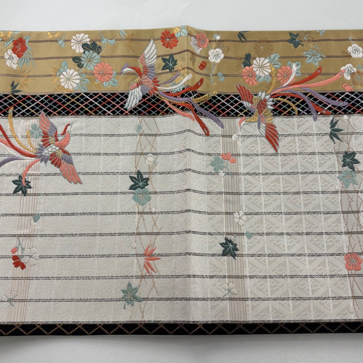 袋帯 秀品 関西仕立て 松竹梅 鳳凰 箔 金銀糸 クリーム 六通 正絹