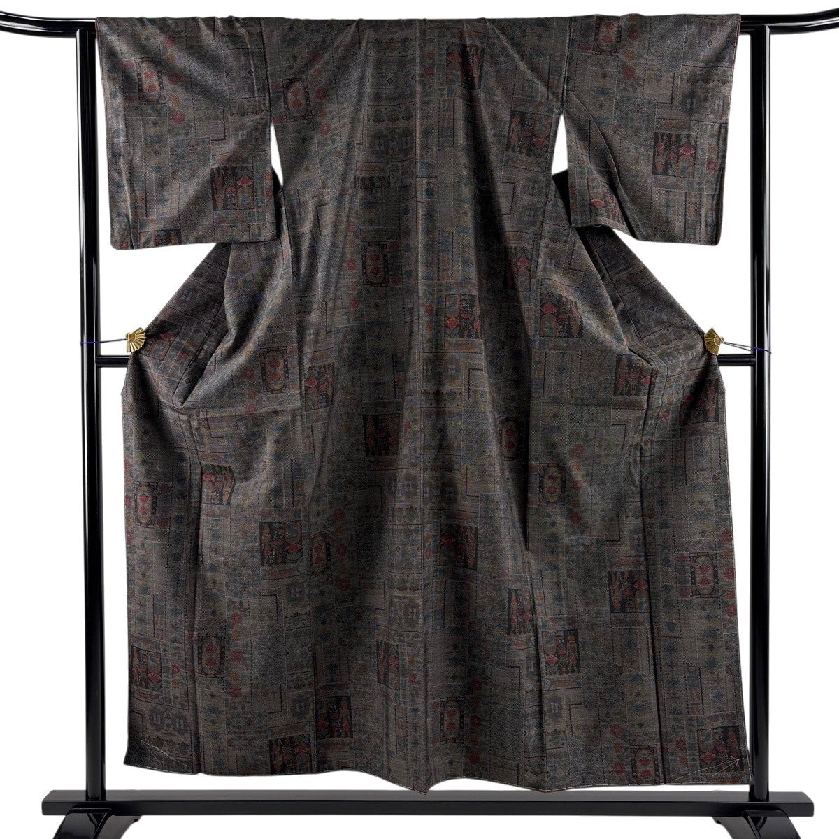美品】 紬 身丈155cm 裄丈62.5cm S 袷 人物 草花 焦茶色 正絹 秀品