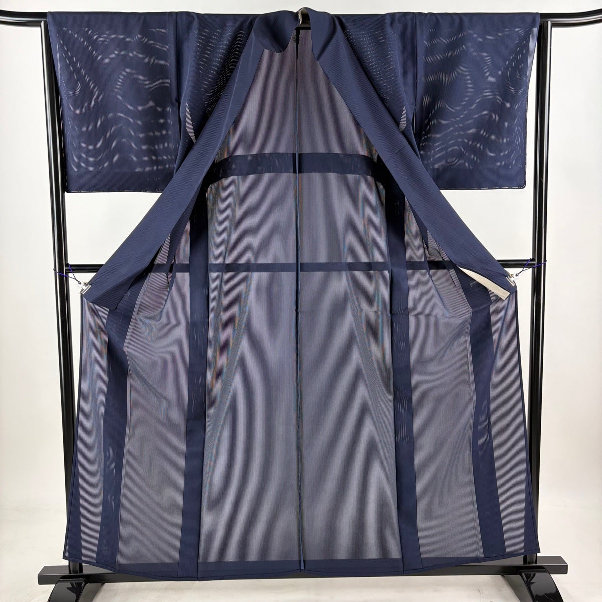 美品】 色無地 身丈159cm 裄丈64cm M 薄物 縦絽 紺色 正絹 秀品 一つ紋