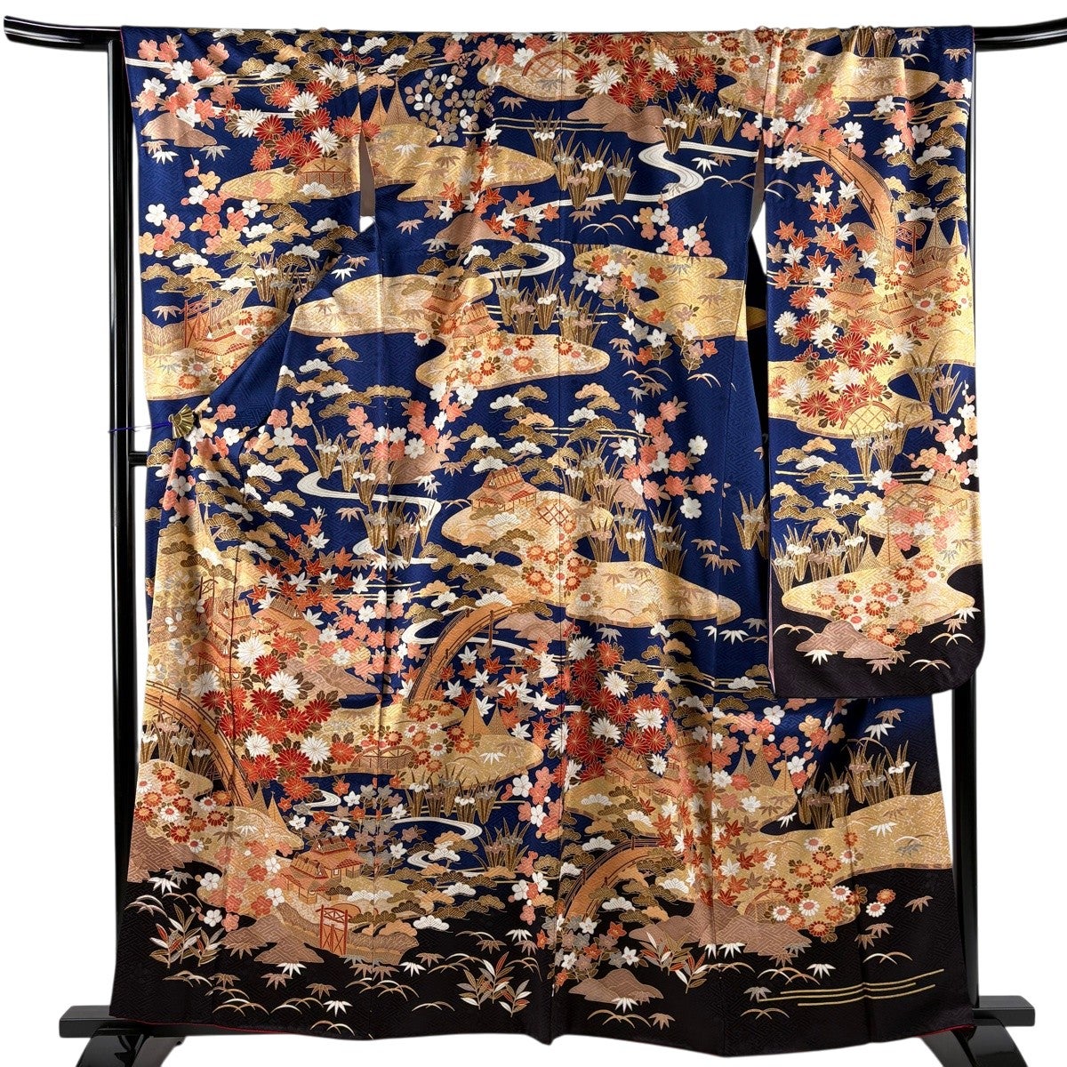 美品】 振袖 身丈161cm 裄丈67cm M 袷 家屋 草花 金彩 紺色 正絹 秀品