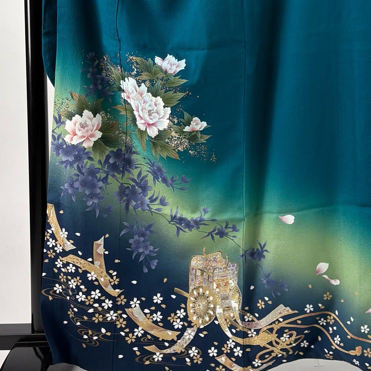 振袖 身丈164cm 裄丈67.5cm L 袷 牡丹 御所車 刺繍 金銀彩 青緑 正絹