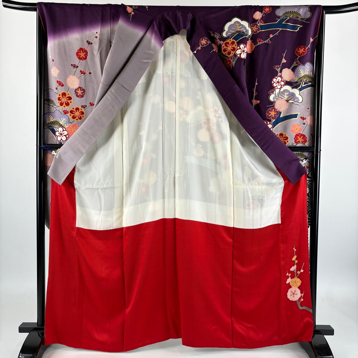 振袖 身丈166cm 裄丈67cm M 袷 笠松 枝梅 金彩 紫 正絹 秀品｜中古