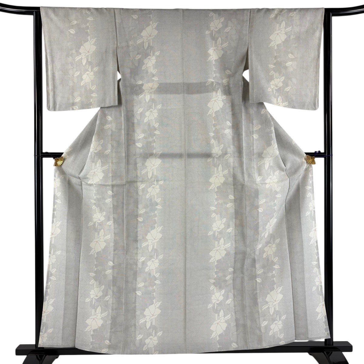 美品】 紬 身丈163cm 裄丈63cm S 単衣 変わり市松 灰緑 正絹 秀品