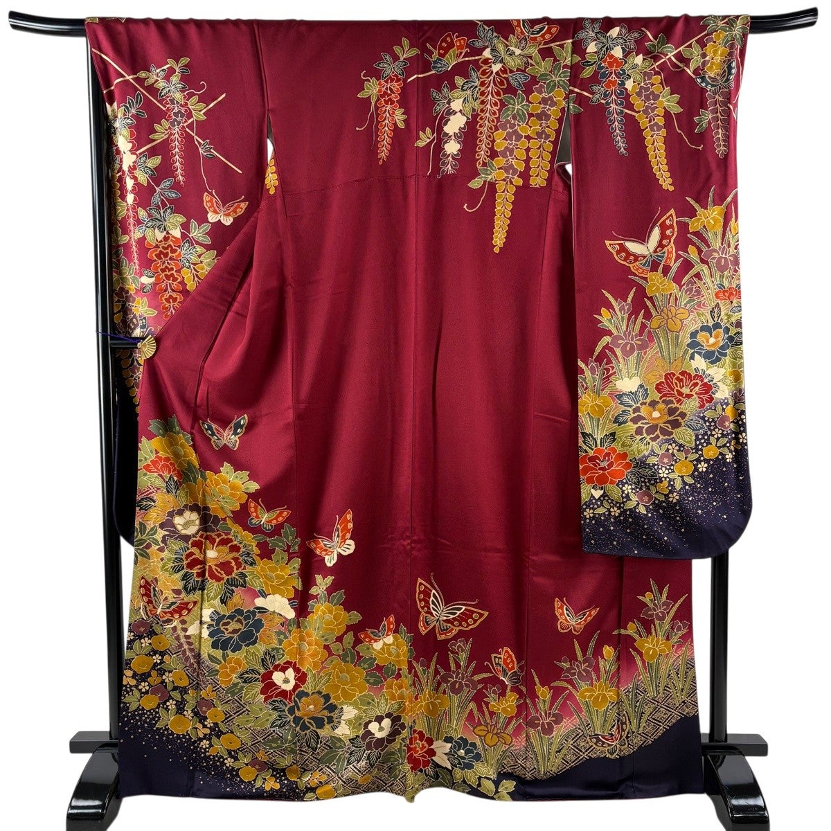 【振袖フルセット】身丈162.5cm 裄丈67.5cm 桜 流水 箔 金彩 赤 振袖 身丈167cm 裄丈67.5cm L 袷 袋帯フルセット 花丸文 松竹梅 金彩