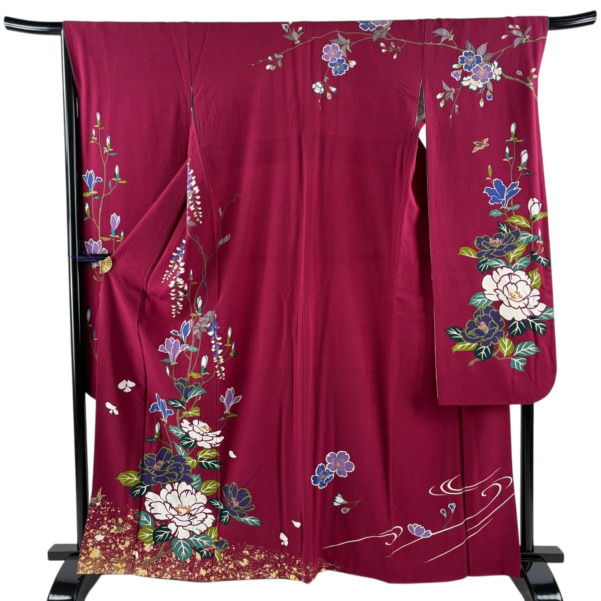 振袖 身丈163cm 裄丈67cm M 袷 枝花 藤 金彩 赤紫 正絹 秀品｜中古