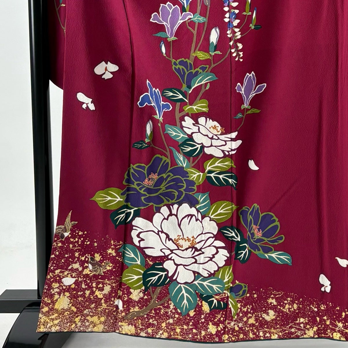 振袖 身丈163cm 裄丈67cm M 袷 枝花 藤 金彩 赤紫 正絹 秀品｜中古