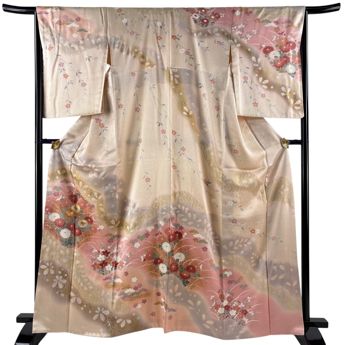 訪問着 身丈163cm 裄丈66cm M 袷 菊 桔梗 金糸 金彩 ピンク 正絹 秀品