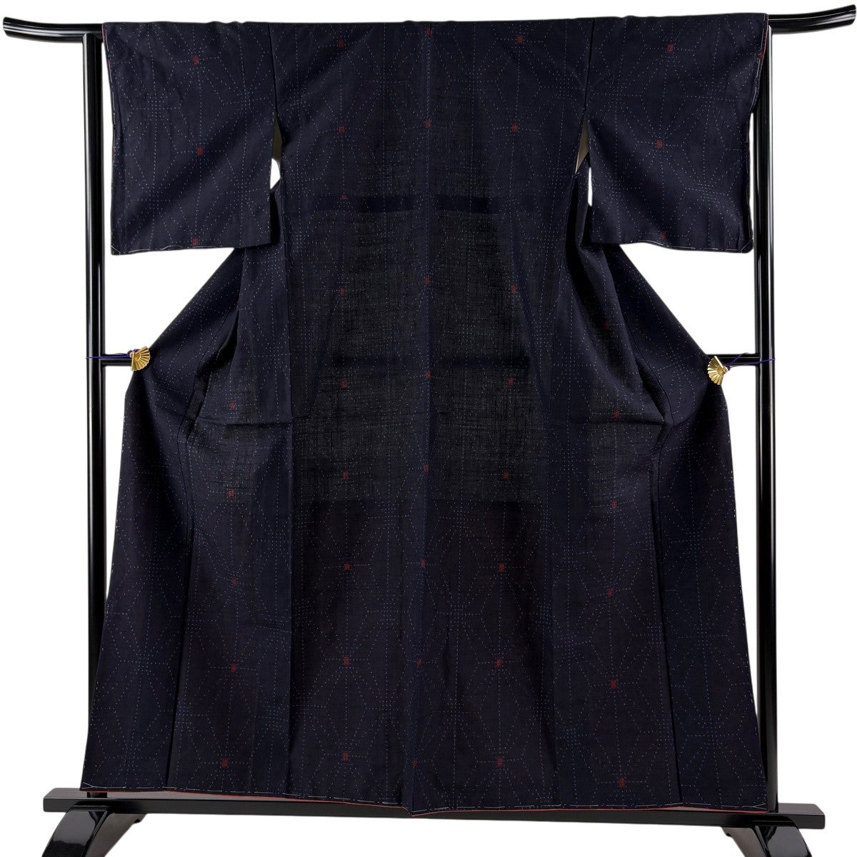 紬 身丈163cm 裄丈64cm M 袷 麻の葉 濃紺 正絹 優品｜中古・古着