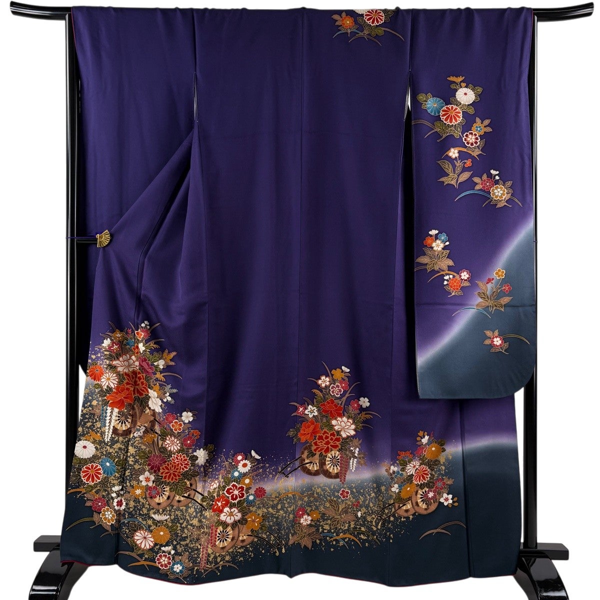 美品】 振袖 身丈162.5cm 裄丈68cm L 袷 草花 鳥 染め分け ぼかし 紫