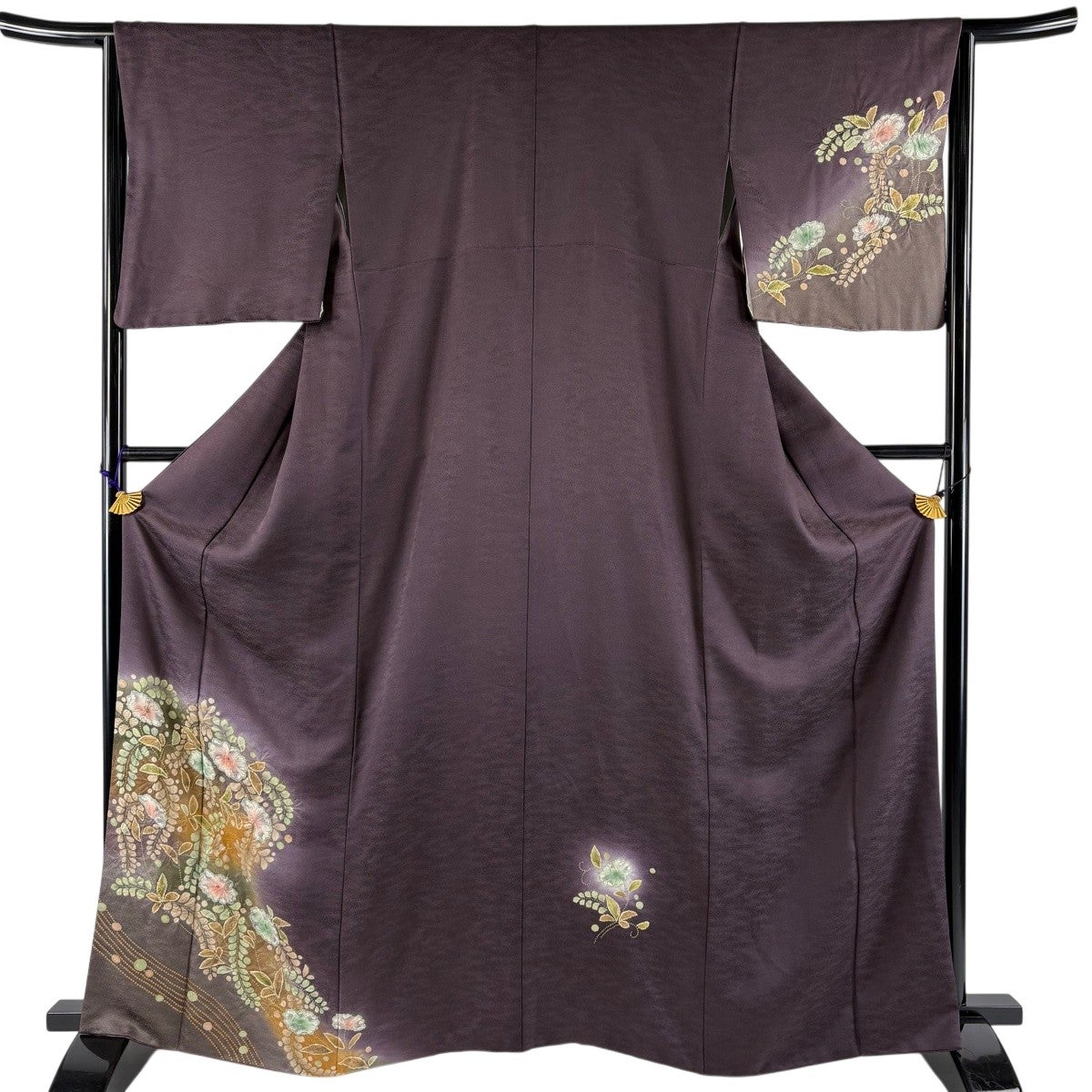 正絹付下げ トールサイズ 裄69 茶紫 油絵風 草花　身丈169.5 幻想的 美品】 付下げ 身丈164cm 裄丈64.5cm M 袷 草花 絞り ぼかし 茶紫 正絹