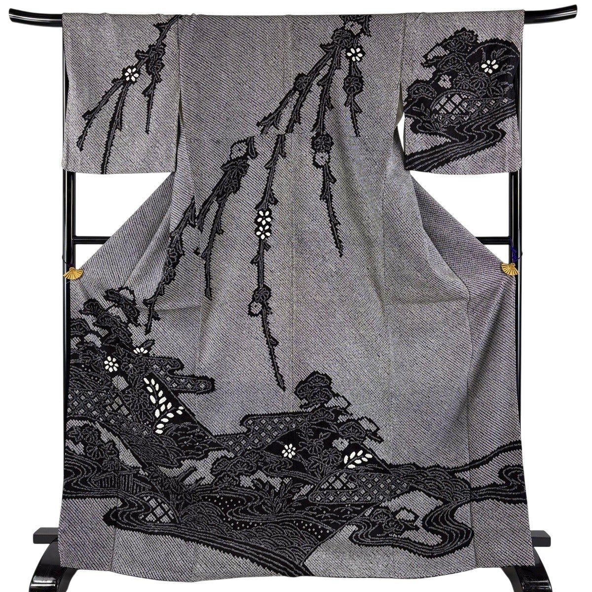 美品】 訪問着 身丈166cm 裄丈68.5cm L 袷 花 絞り 黒 正絹 秀品｜中古