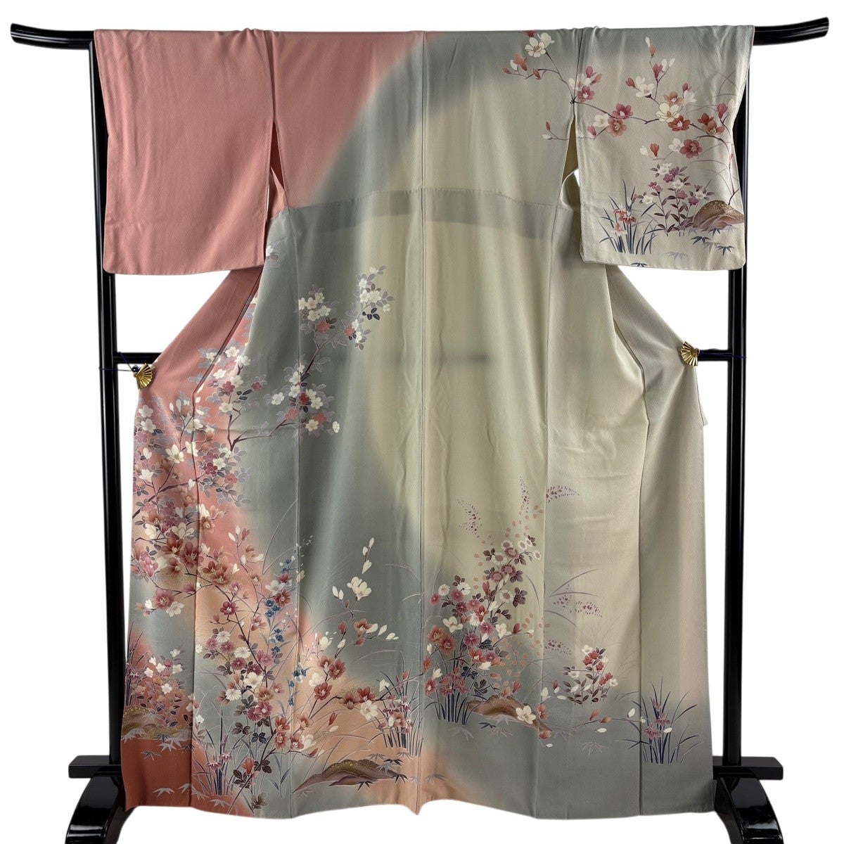 美品】 訪問着 身丈170cm 裄丈67cm M 袷 枝花 流水 金彩 ぼかし 灰緑