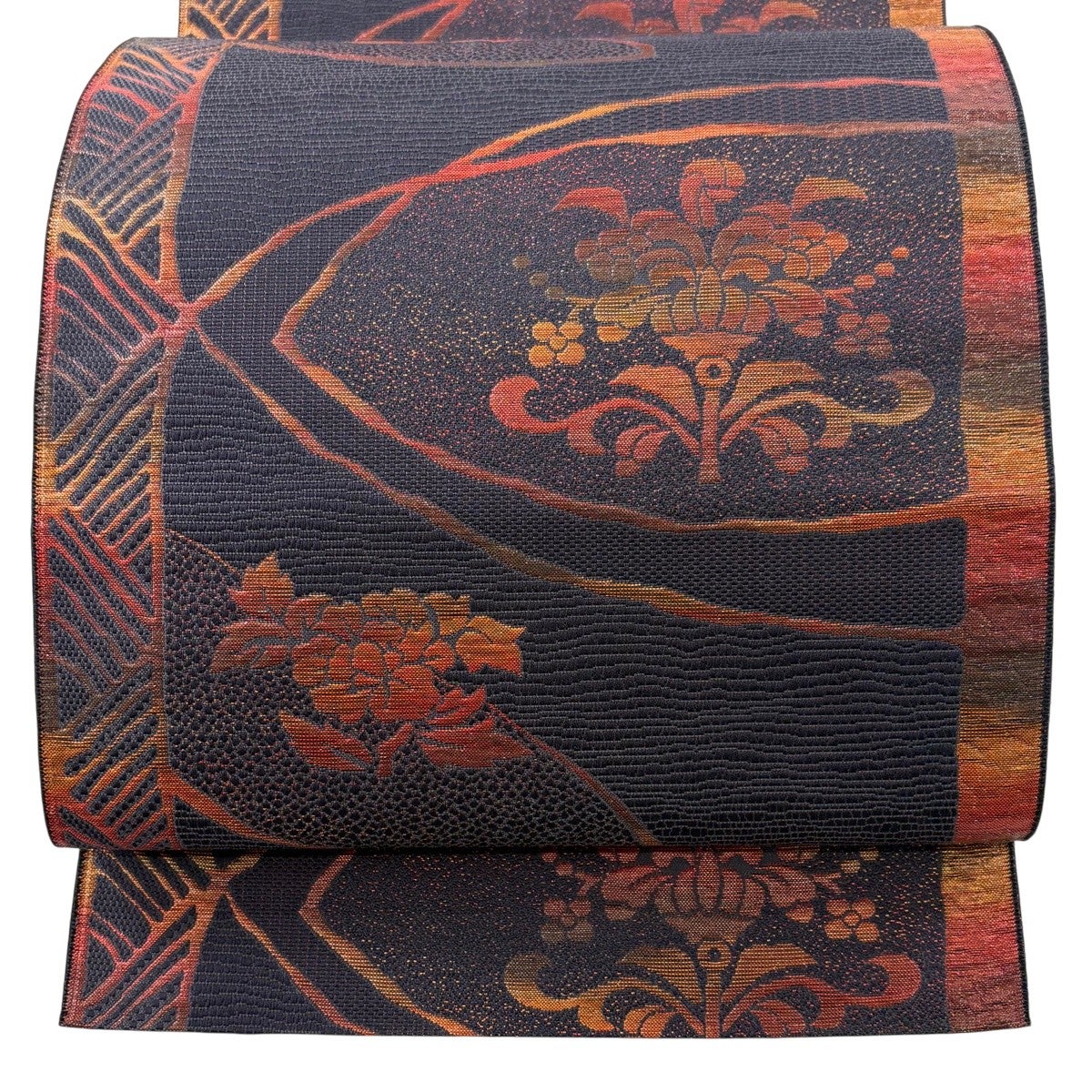 美品】 名古屋帯 優品 八寸名古屋帯 松葉仕立て 草花 箔 黒灰 正絹