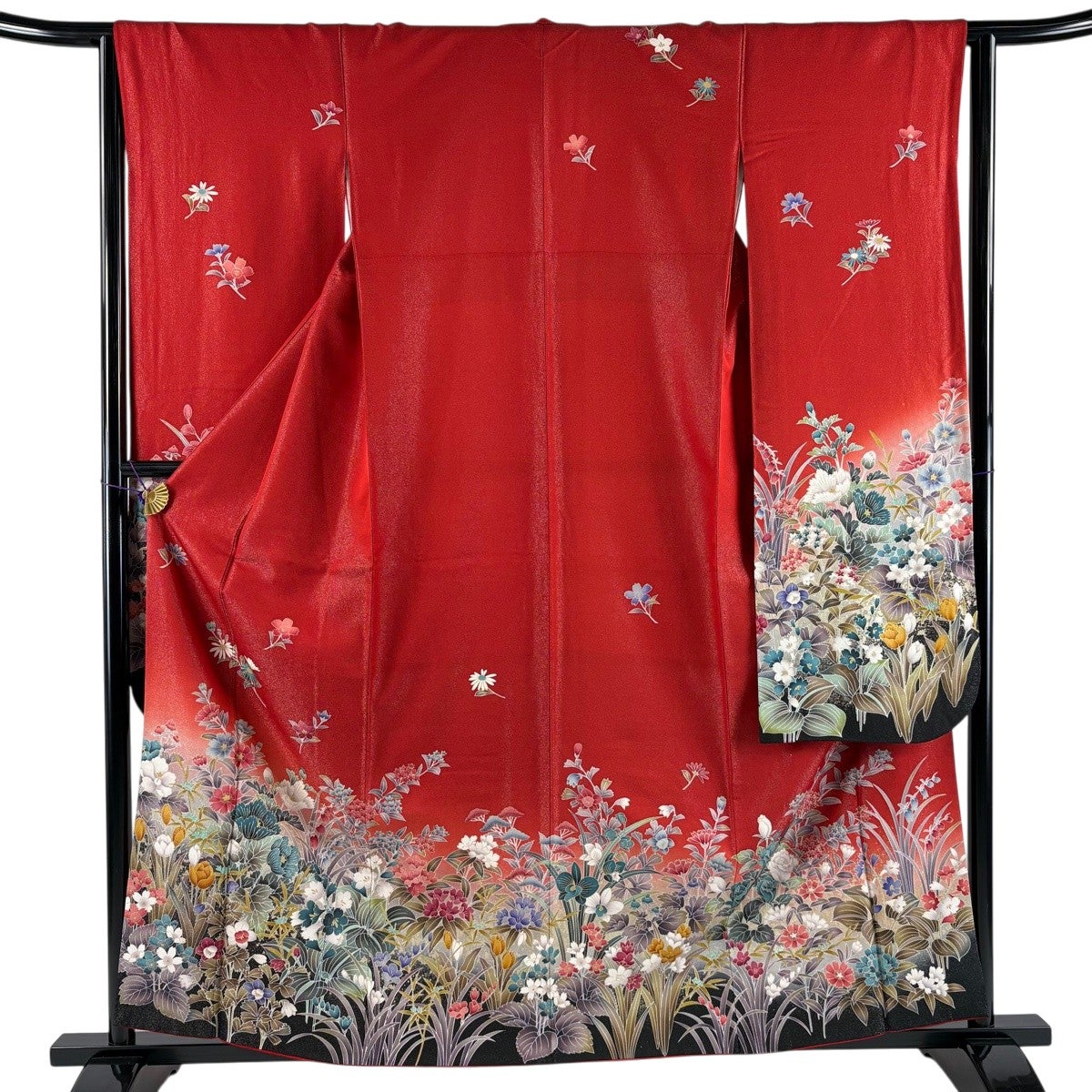 美品】 振袖 身丈158.5cm 裄丈63.5cm S 袷 草花 金通し 金彩 赤 正絹