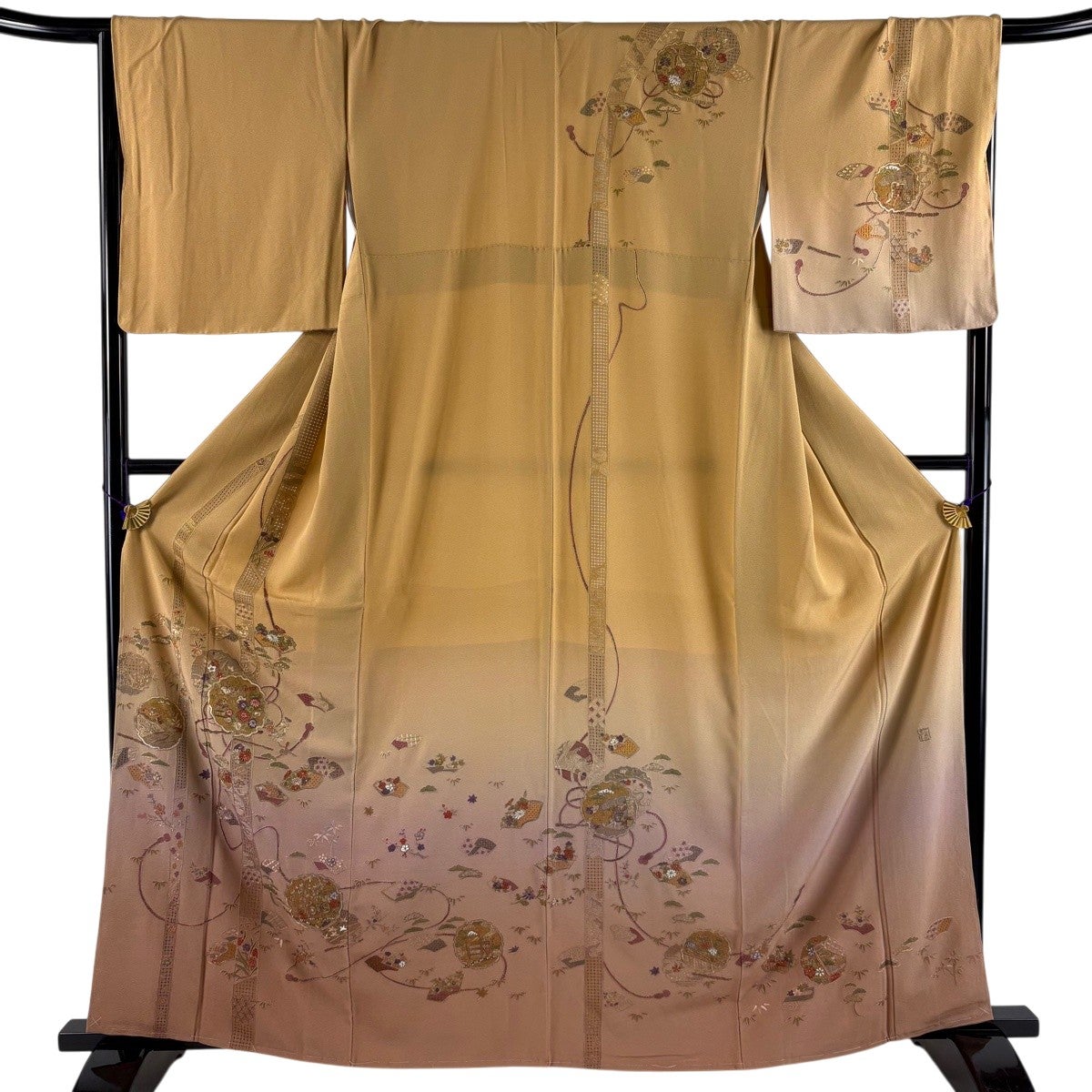 訪問着 身丈161cm 裄丈68cm L 袷 雪輪 草花 刺繍 金糸 薄茶色 正絹