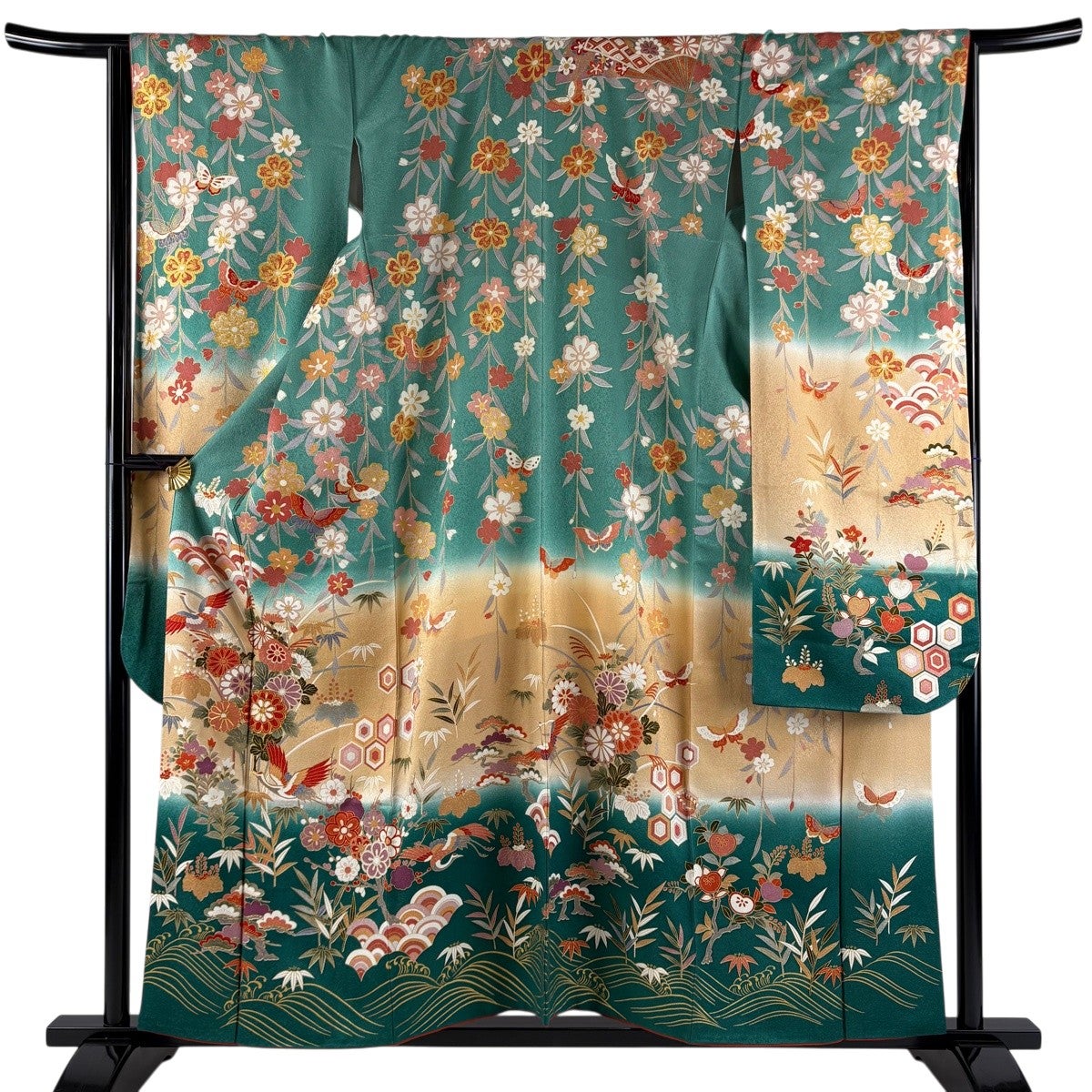 振袖 身丈177cm 裄丈71.5cm L 袷 橘花 松竹梅 金糸 金彩 赤 正絹 名品