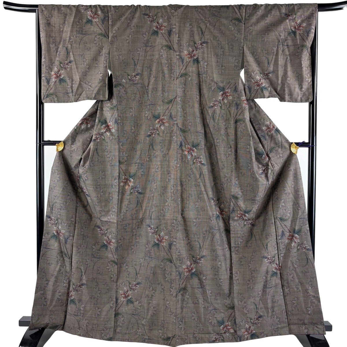 紬 身丈165cm 裄丈67cm M 袷 草花 焦茶色 正絹 秀品｜中古・古着