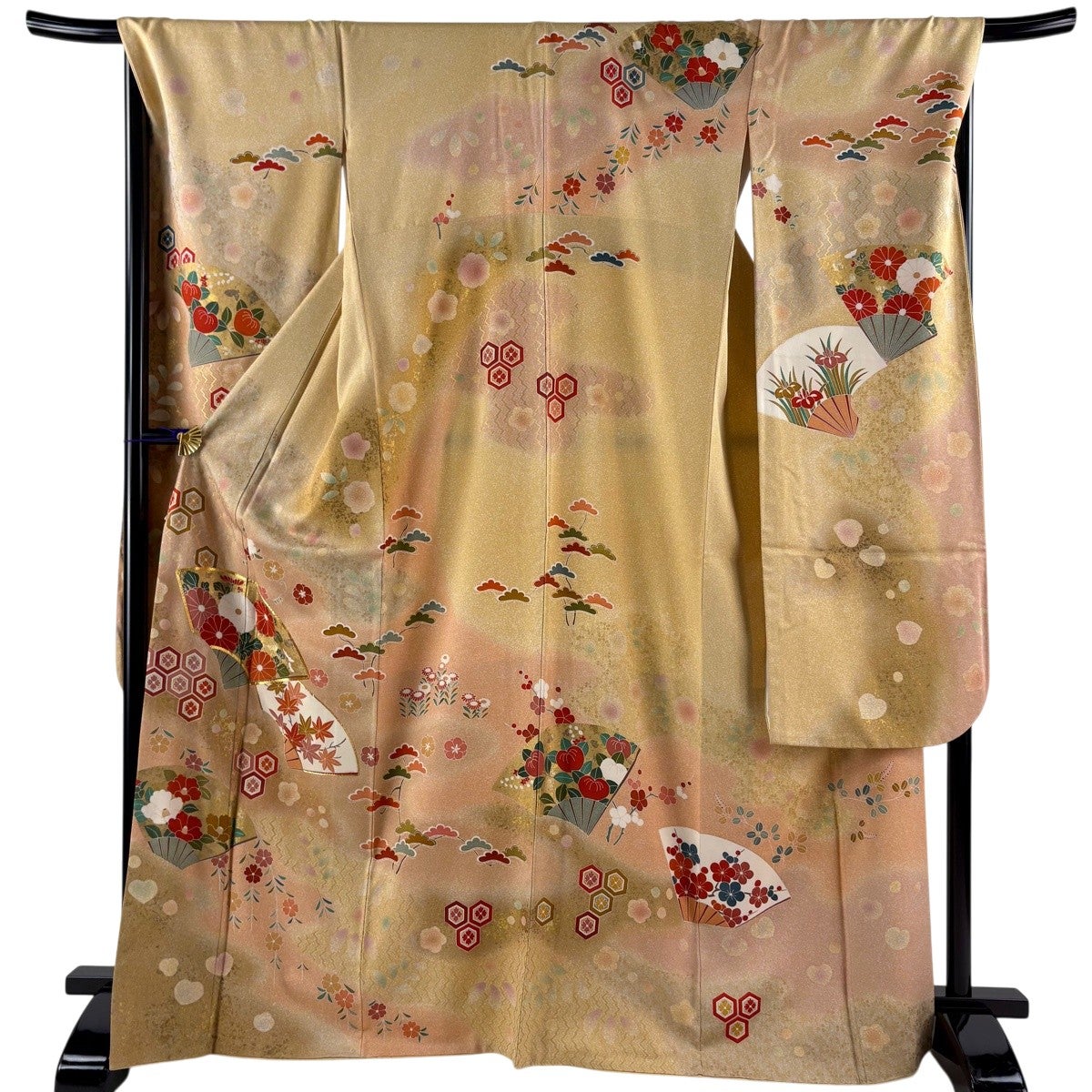 振袖 身丈161cm 裄丈64.5cm M 袷 扇 松竹梅 金糸 金彩 青緑 正絹 秀品