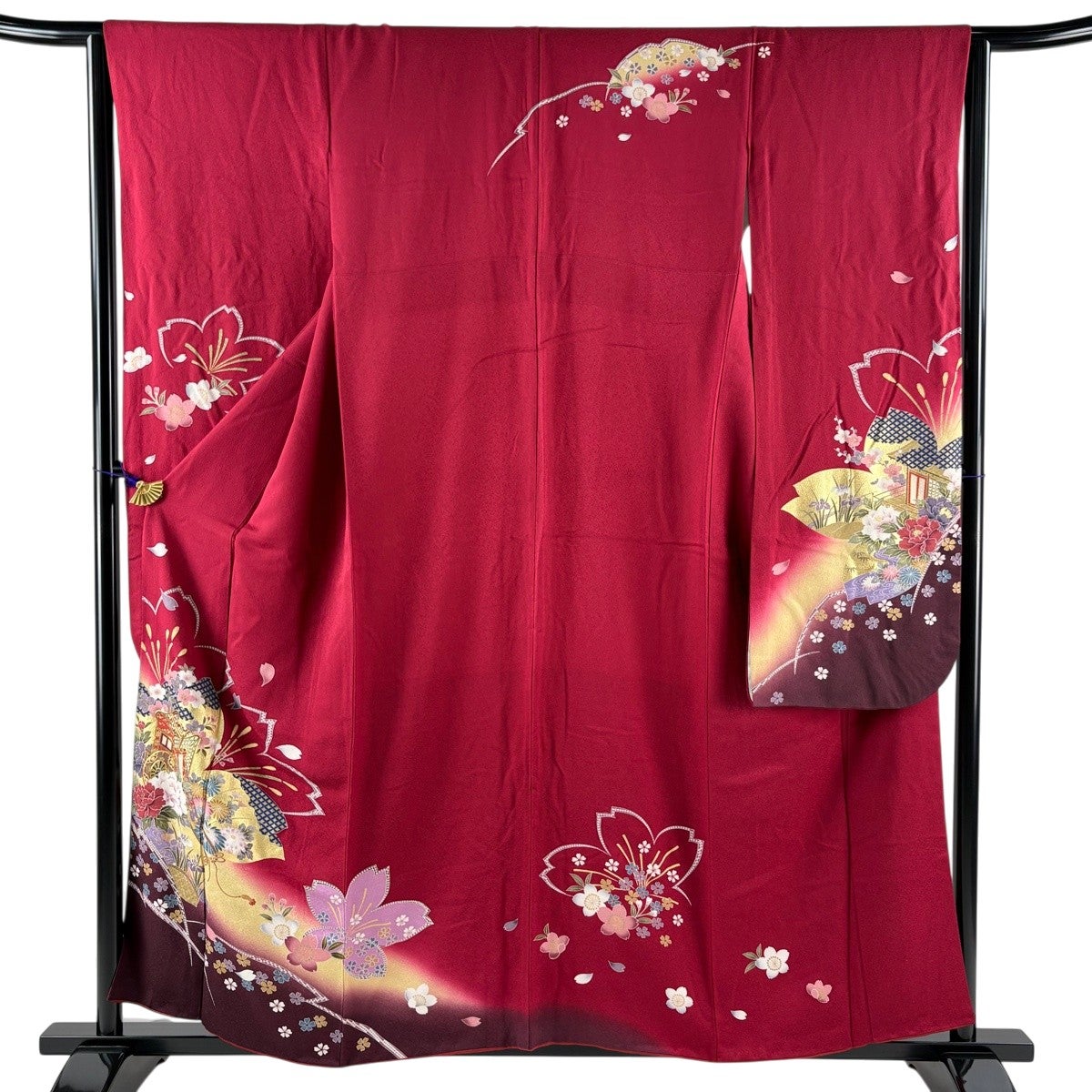 振袖 身丈158cm 裄丈63cm S 袷 御所車 桜 金糸 金彩 赤 正絹 秀品