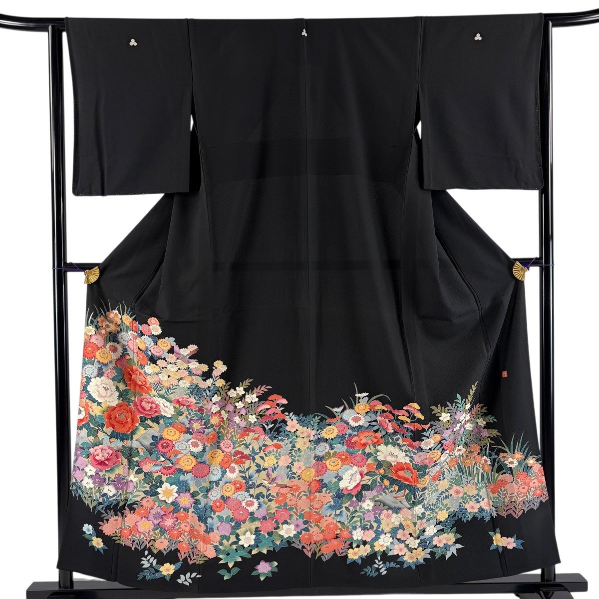 黒留袖 身丈158cm 裄丈63cm S 単衣 落款あり 鳥 草花 黒 正絹 名品