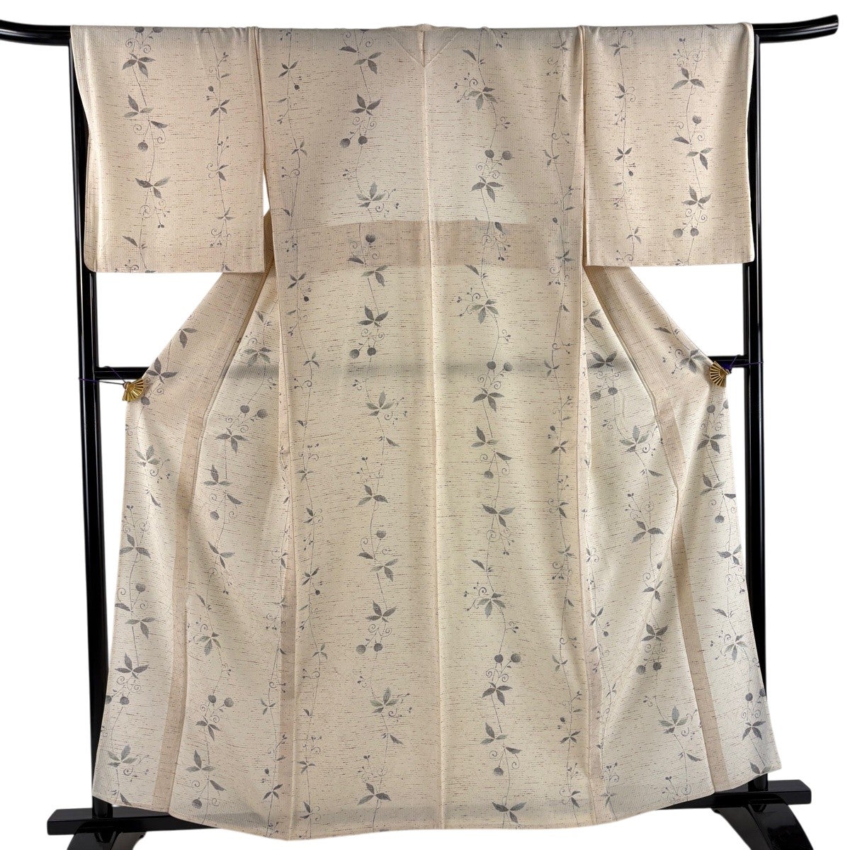 小紋 身丈160cm 裄丈67cm M 単衣 紬地 草花 ベージュ 正絹 名品｜中古
