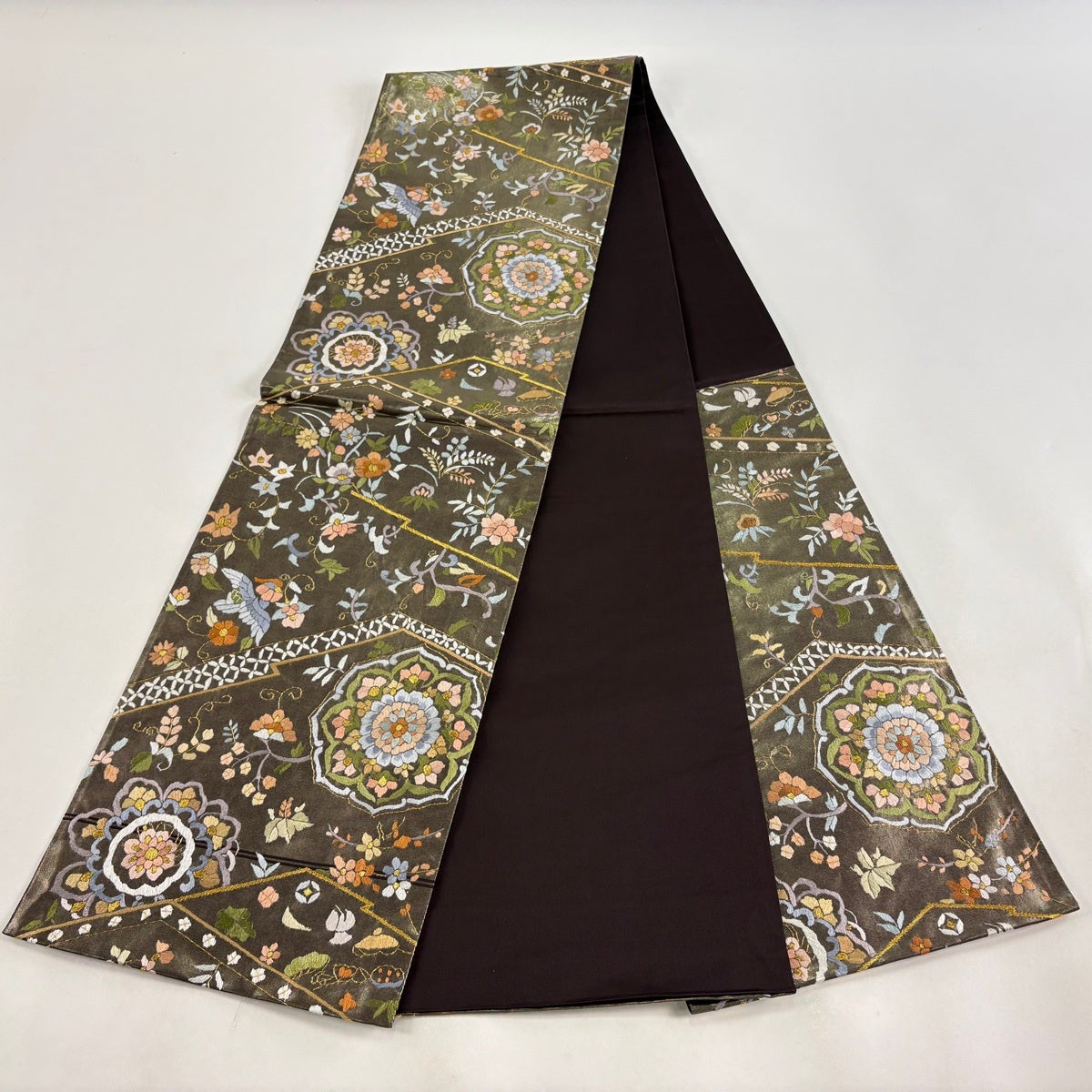 袋帯 逸品 華文 花鳥 金糸 刺繍 金色 六通 正絹｜中古・古着