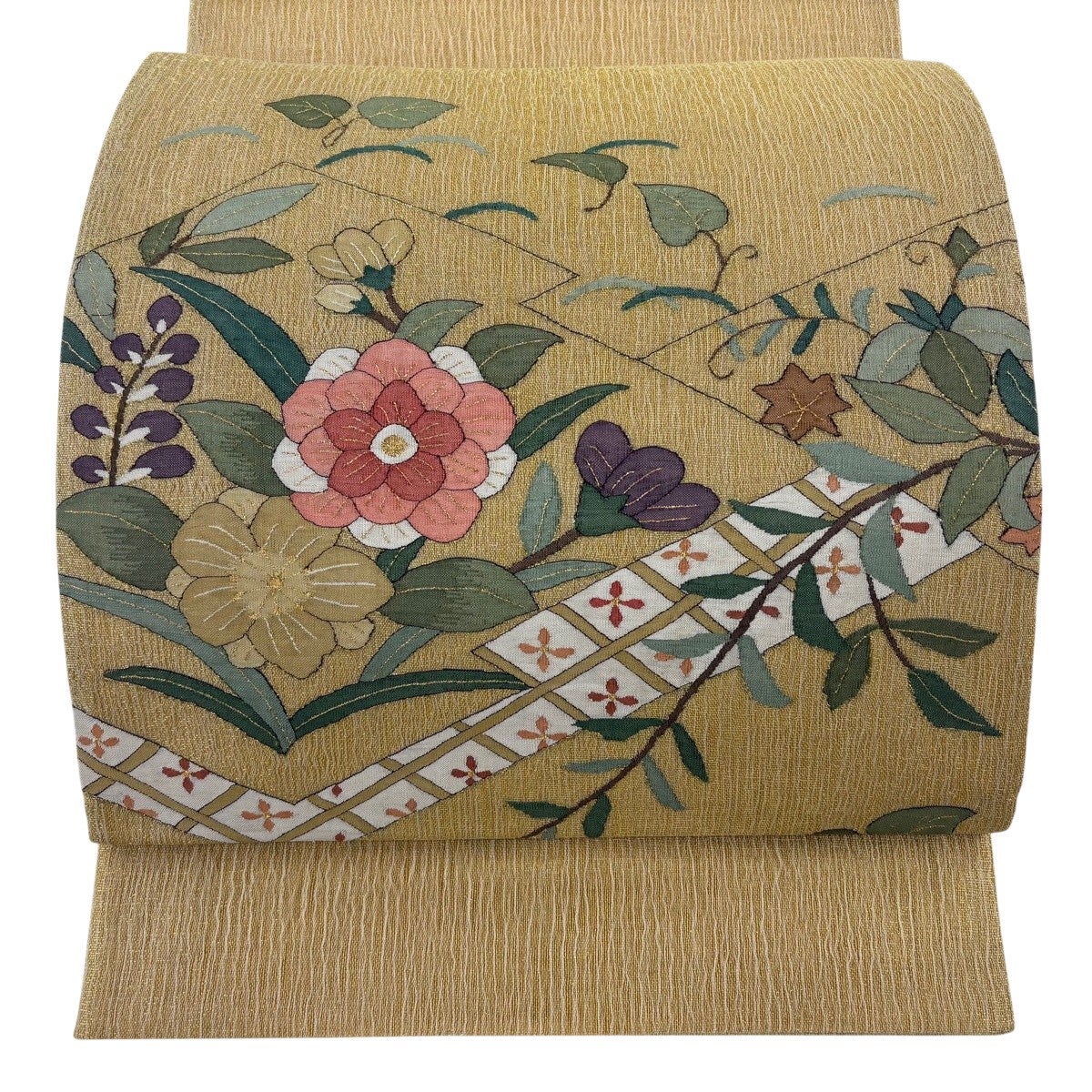袋帯 逸品 草花 枝花 金糸 金色 お太鼓柄 正絹｜中古・古着